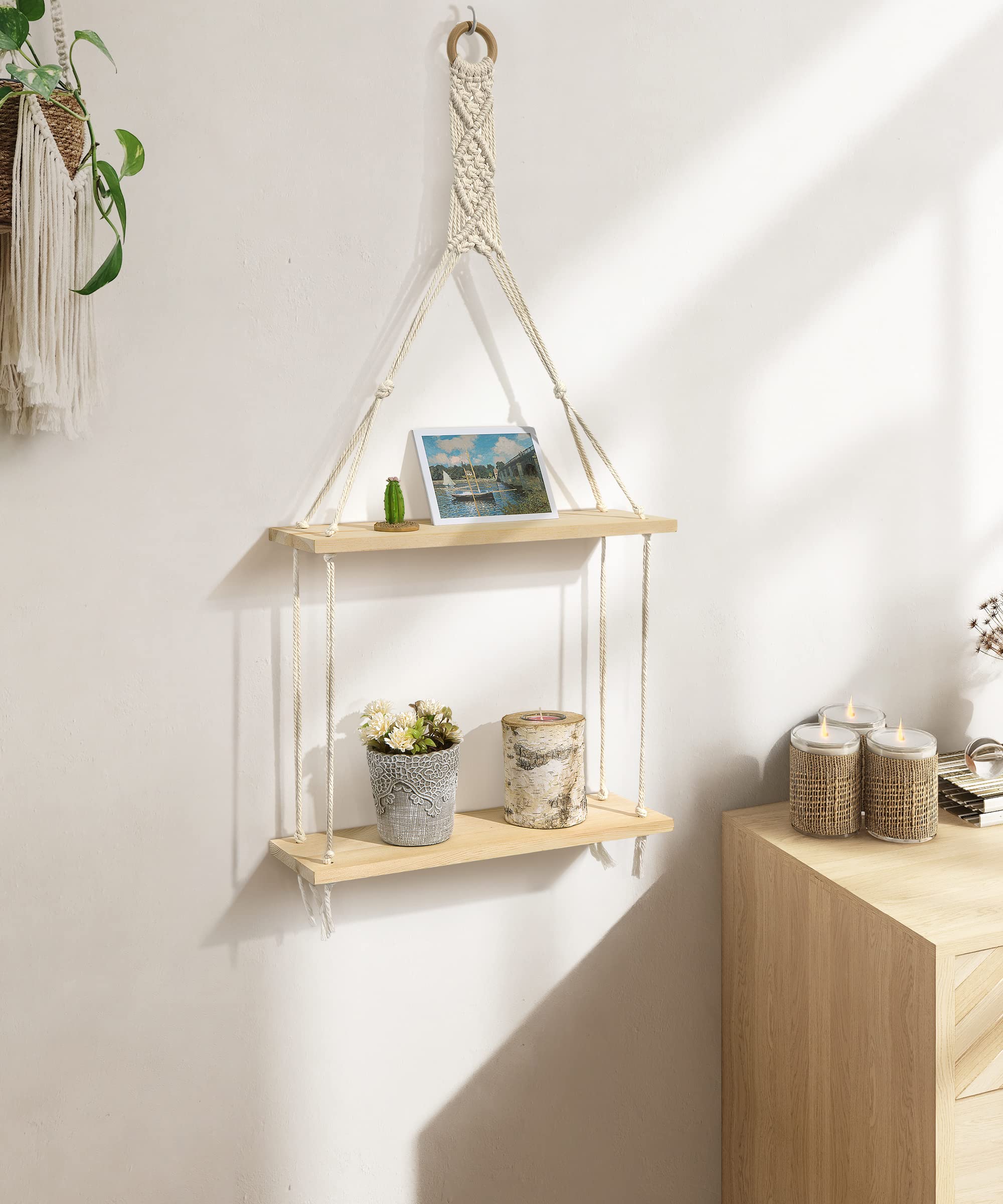 AFULY Macrame Wall Hanging Shelf - 2-Tier Boho Floating Shelf with Cotton Rope, Rustic Home Decor for Plants, Photos & Storage | Perfect for Living Room, Bedroom, Bathroom & Hallway | Beige | Space-Saving Organizer for Small Spaces
