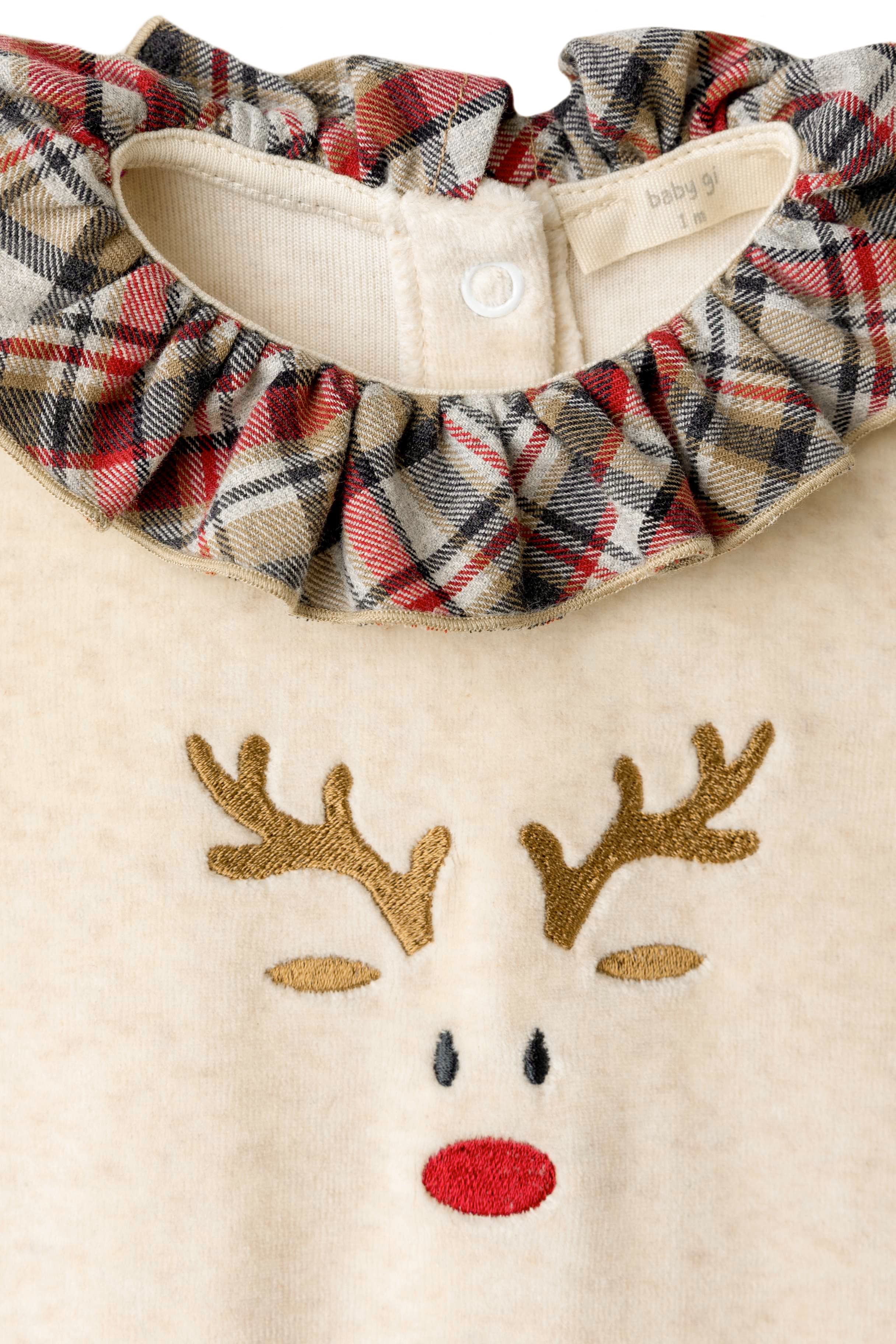 Soft Beige Velour Reindeer Sleepsuit with Ruffle Collar - Cozy Winter Pajamas for Kids & Toddlers - Perfect for Christmas, Holiday Photos & Bedtime