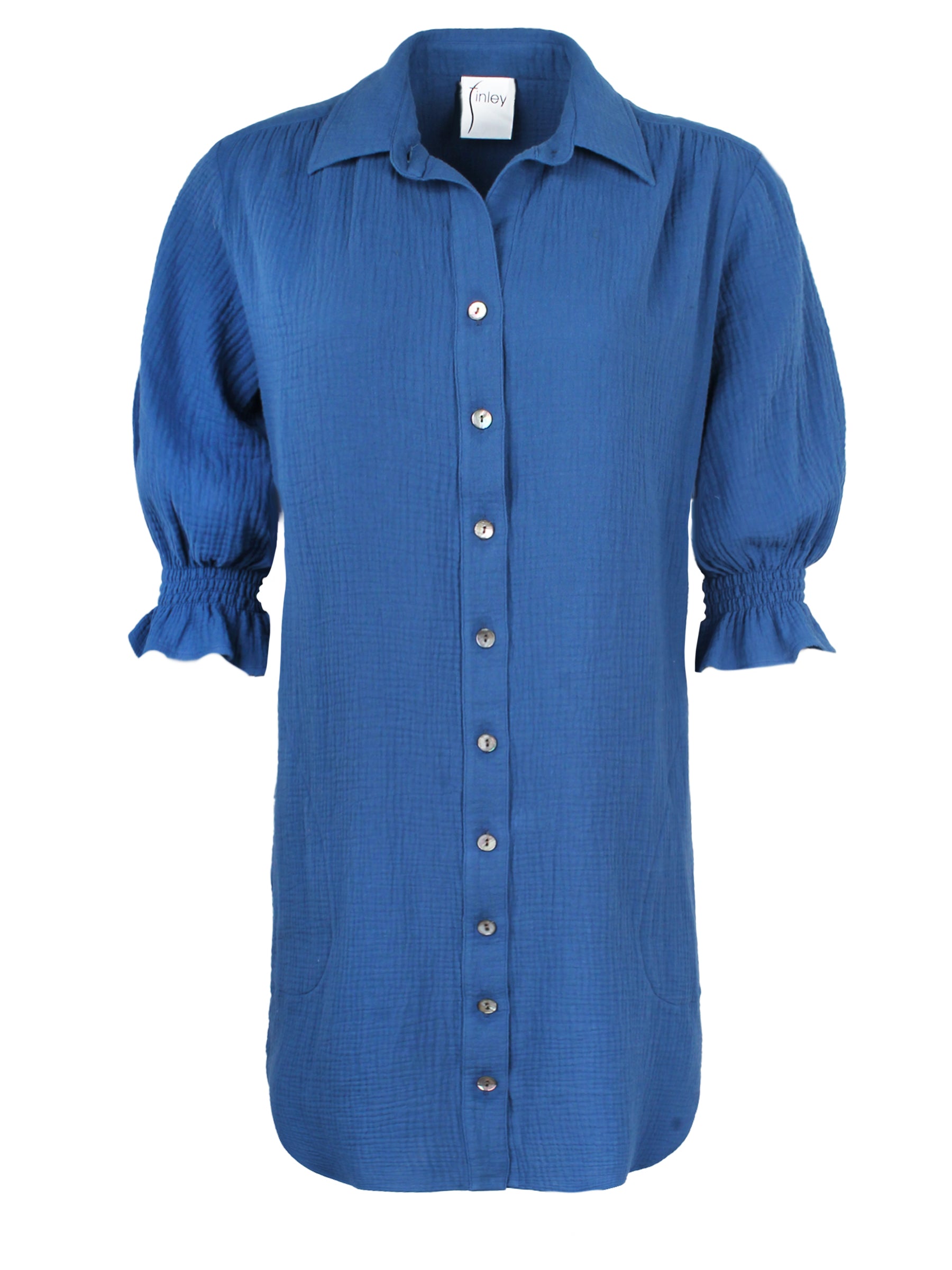 Miller Puff Sleeve Bright Blue Double Gauze Shirt Dress for Women | Casual Summer Dress for Beach, Picnic & Date Night