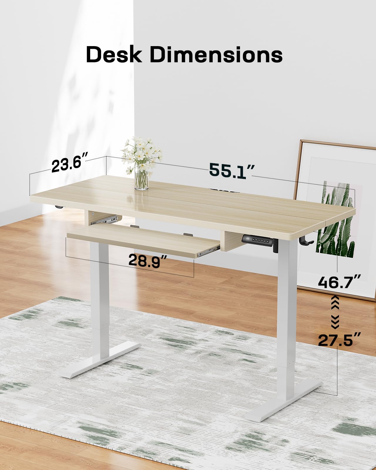 Marsail Electric Standing Desk with Ergonomic Keyboard Tray - 55 x 24 Inch Adjustable Height Desk (27.5” to 46.7”) - 4 Memory Presets, Smooth & Quiet Lifting - Perfect for Home Office, Gaming Setup, and Workspace Ergonomics - Model TZESD15Modern