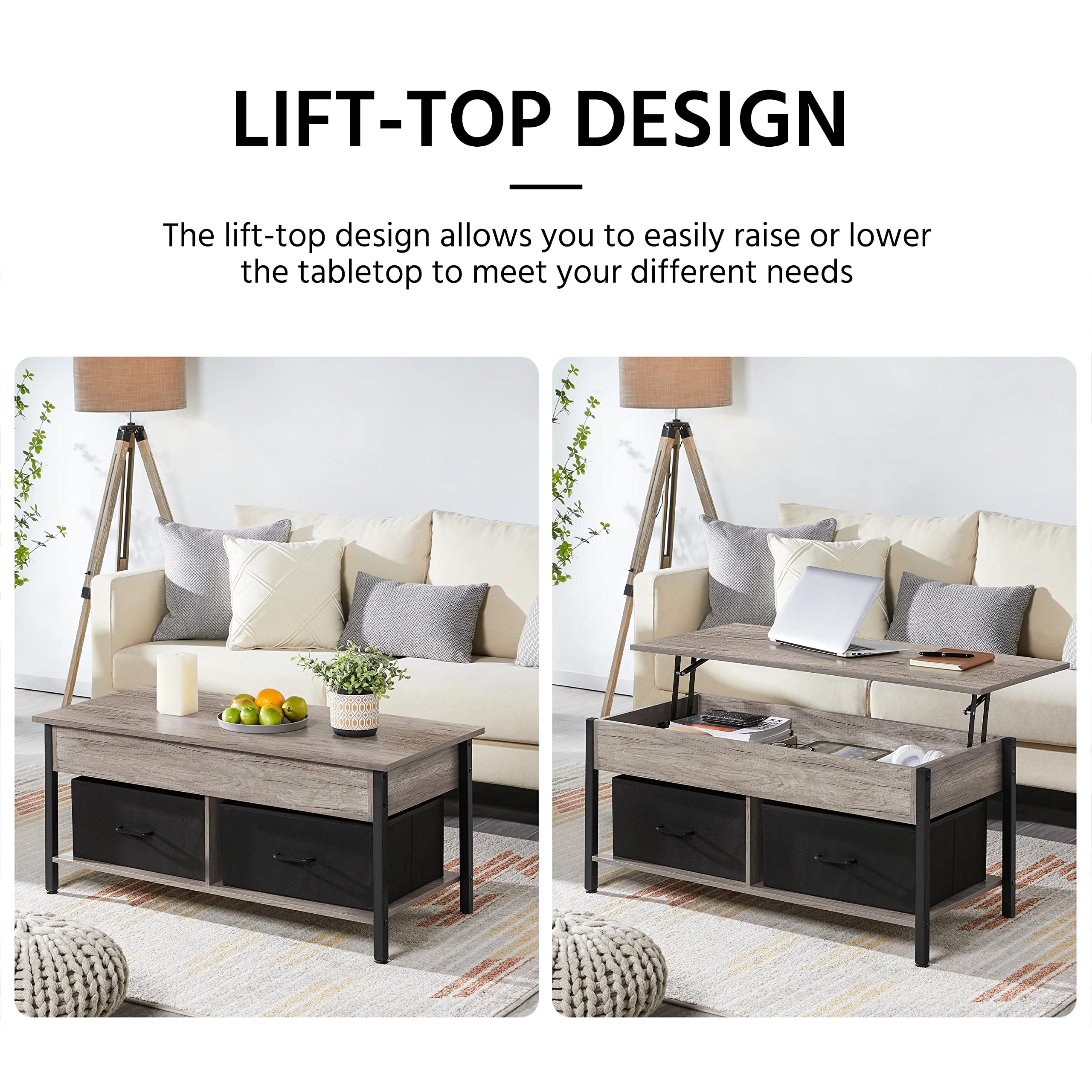 Yaheetech 3-Piece Coffee Table Set - Lift Top Coffee Table with Storage Baskets & Hidden Compartment, 2 Industrial End Tables with 2-Tier Shelves, Gray - Perfect for Living Room, Home Office & Small Spaces