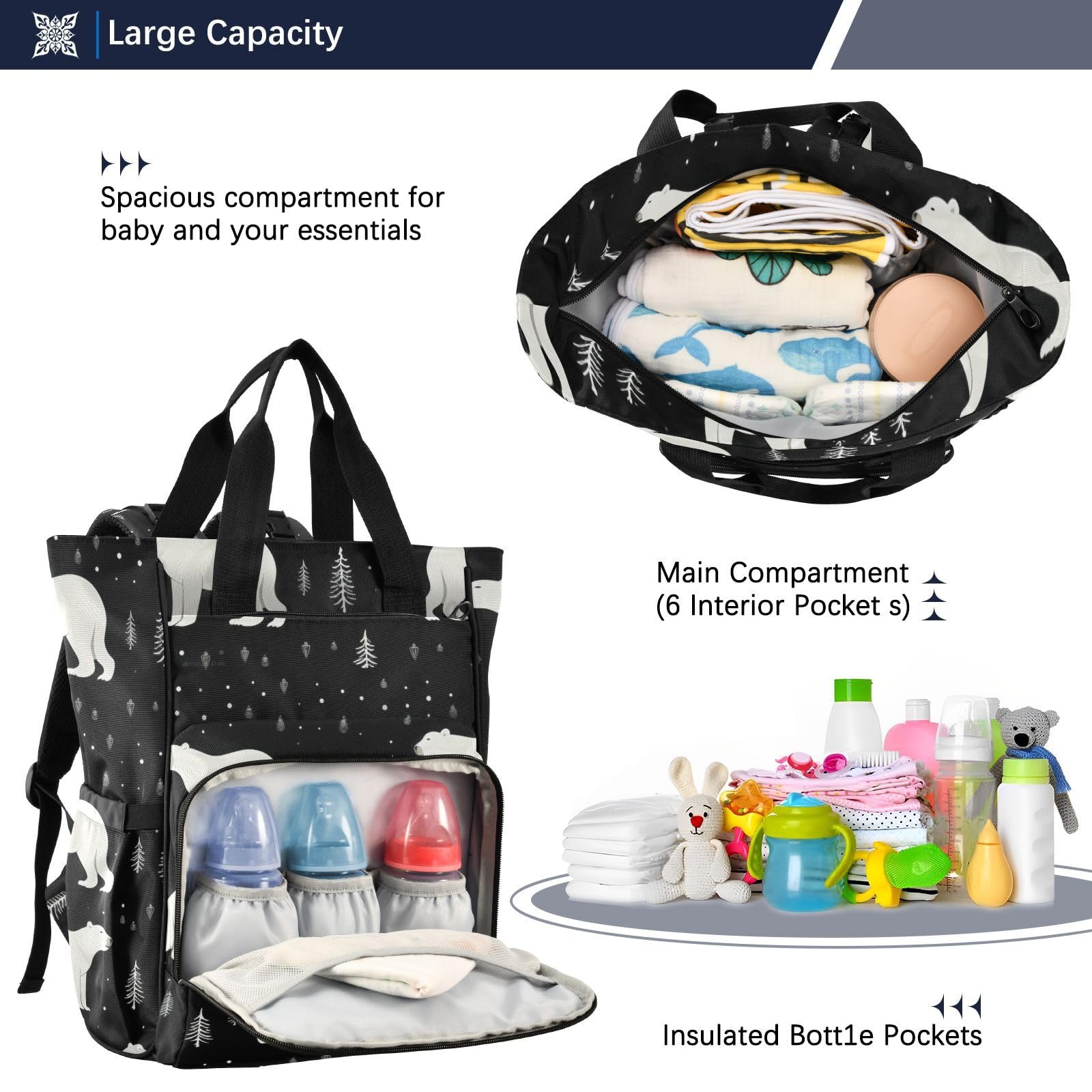 Waterproof Polar Bear Black Diaper Backpack - Large Capacity Baby Bag with Insulated Pockets & Stroller Straps for Travel, Daycare & Outings - Unisex Design for Women, Men, Moms, Boys & Girls - One Size Fits All