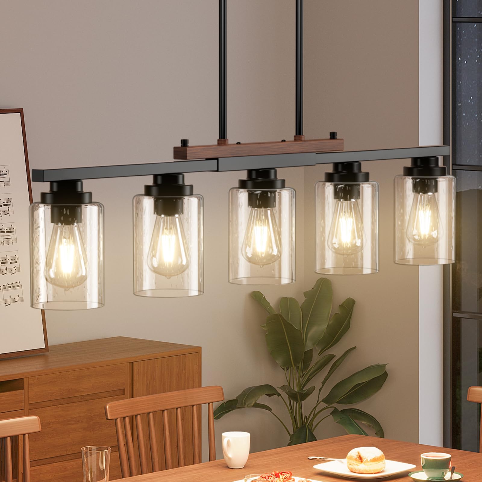 Amico 5-Light Adjustable Farmhouse Chandelier - Black Metal & Wood Kitchen Island Lighting with Seeded Glass Shades | Perfect for Dining Room, Kitchen Island, and Farmhouse Decor