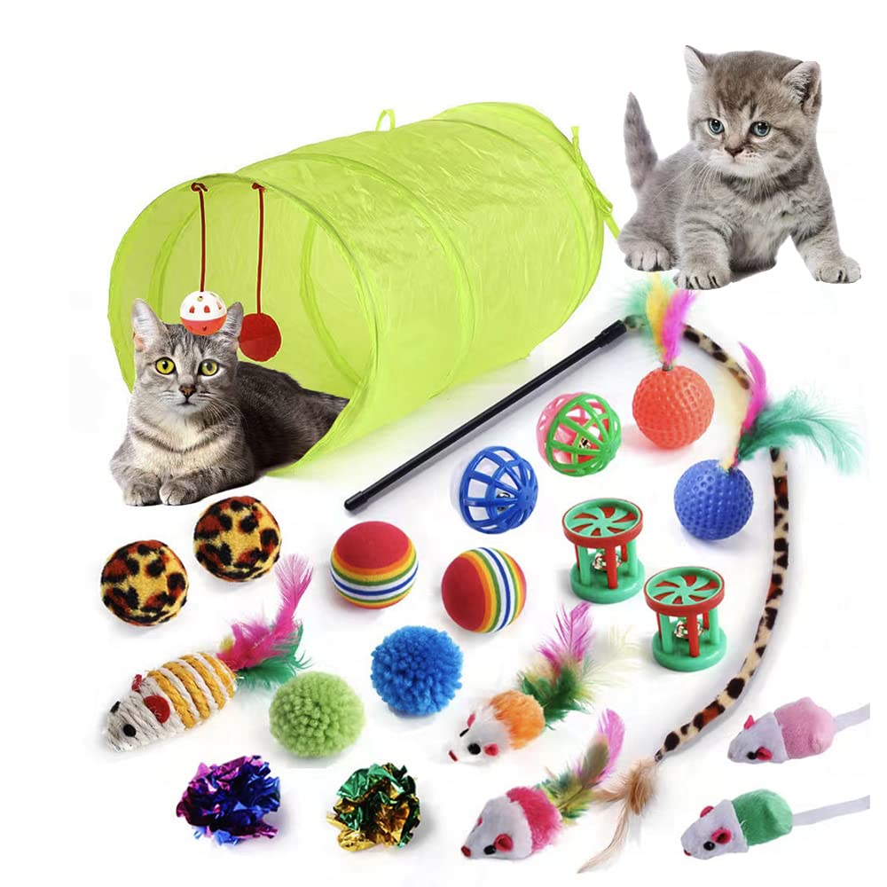 Collapsible Cat Tunnel with Feather Toys, Ball & Chew Toys - 20Pcs Indoor Cat Play Tube for Kittens & Adult Cats | Perfect for Playtime, Exercise & Stress Relief