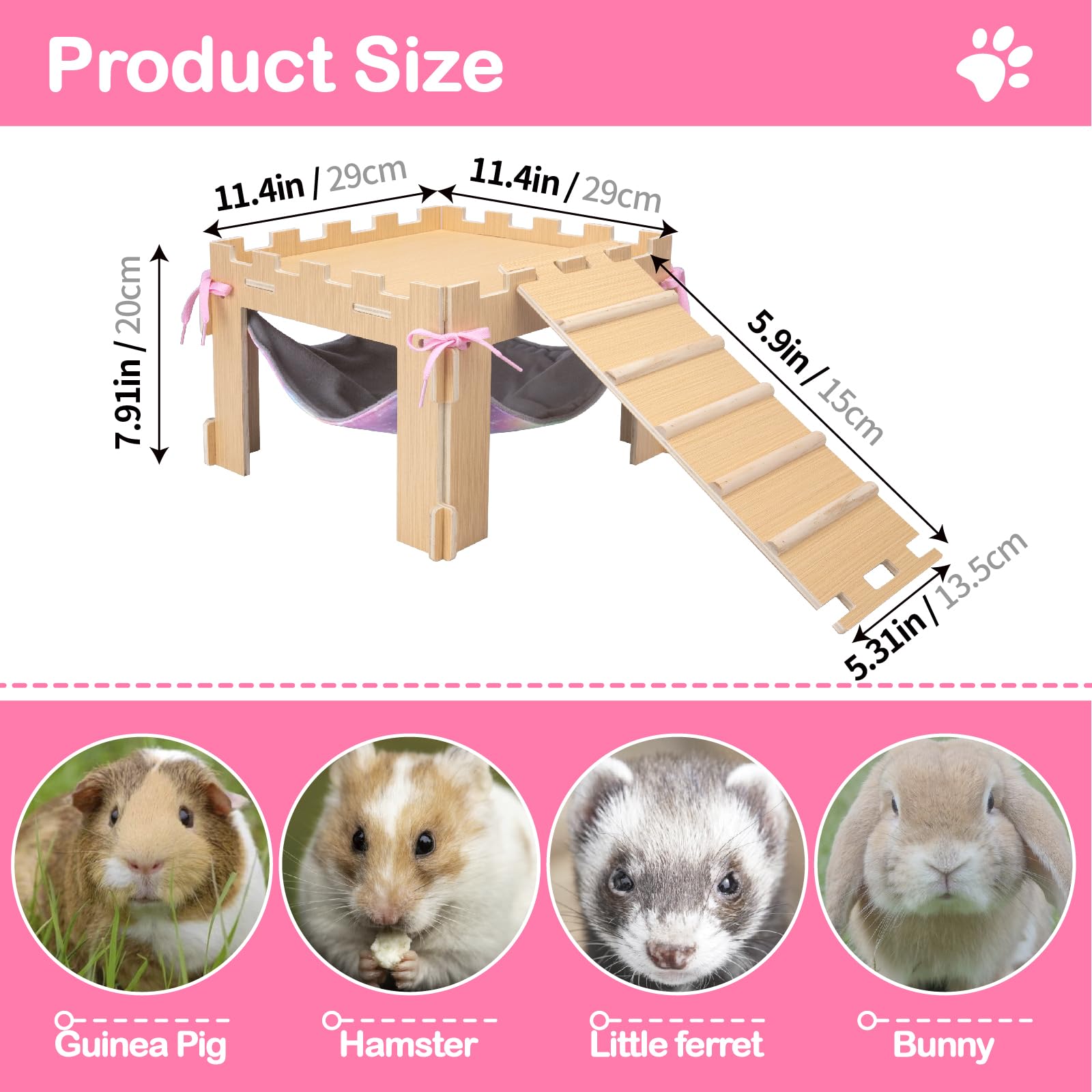 **Wooden Guinea Pig Hideout with Hammock, Platform & Ramps - Waterproof Coating, Easy to Clean - Small Pet Cage Accessories for Play & Relaxation - Perfect for Guinea Pigs, Hamsters & Small Animals**