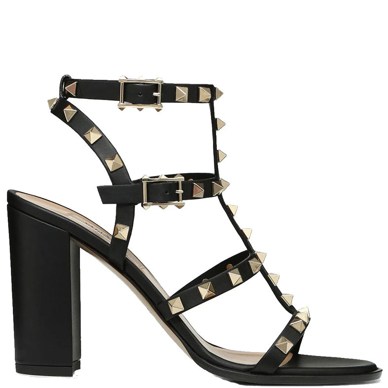 Valentino Rockstud Gladiator Block Heels 90mm - Black Nappa Leather Sandals for Women | Perfect for Evening Parties, Weddings & Date Nights
