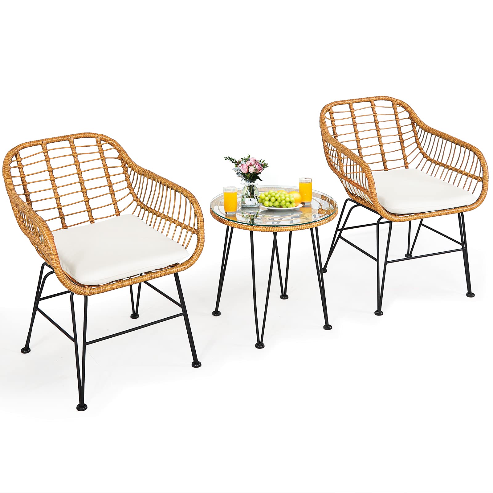 Tangkula 3-Piece Patio Bistro Set - Rattan Wicker Conversation Set with 2 Cushioned Armchairs & Round Glass Coffee Table - Indoor Outdoor Furniture for Balcony, Backyard, Garden, Poolside - Perfect for Relaxing, Entertaining, and Outdoor Dining