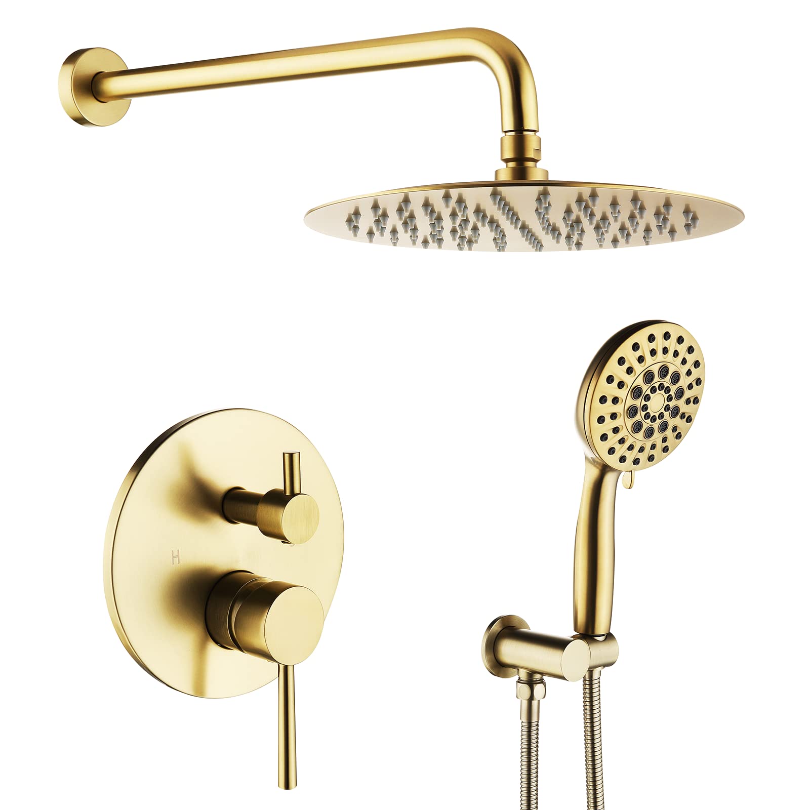 Brushed Gold Shower Head with Handheld Shower System - Complete Shower Faucet Set with Wall Mounted Dual-Function Pressure Balance Valve - 10 Inch Rainfall Shower Kit for Luxury Bathroom Upgrade & Spa Experience