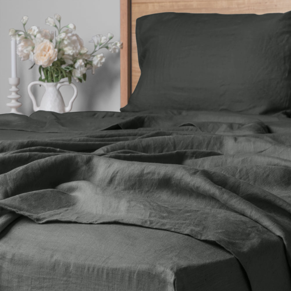 Premium 100% Linen Queen Sheet Set - Soft & Breathable Charcoal Gray Bedding - Perfect for Hot Sleepers & All-Season Comfort