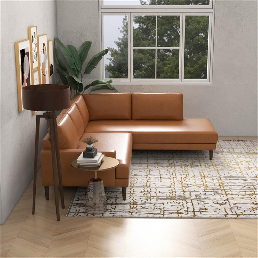 ASHCROFT Harmon Pillow Back Genuine Leather Upholstered Right-Facing Sectional Sofa in Tan | Premium Leather Living Room Furniture for Modern Home & Office | Comfortable Seating for Family Gatherings & Relaxation