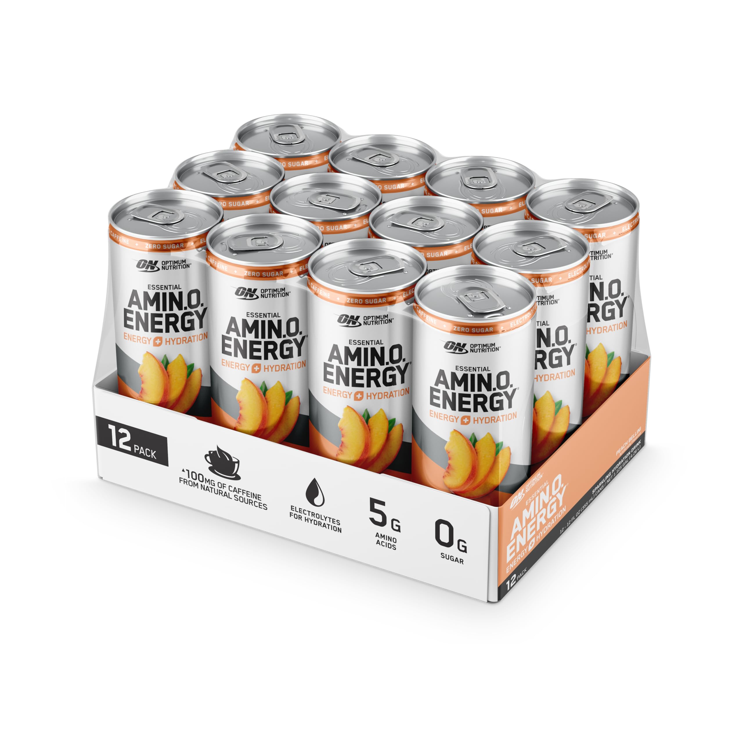 Optimum Nutrition Amino Energy Sparkling Hydration Drink - Sugar Free Peach Bellini with Electrolytes, Caffeine & BCAAs - 12 Fl Oz (12 Pack) - Perfect for Workouts, Recovery & Active Lifestyle | Packaging May Vary