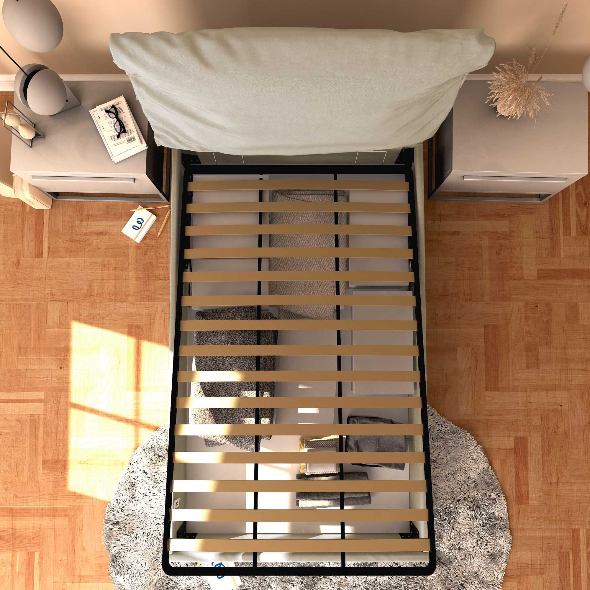 Baldiflex Single Bed with Storage - Licia Soft Synthetic Leather Upholstery, Slatted Base for Single Mattress, 120 x 190 cm, Light Beige with Padded Headboard | Space-Saving Bed Frame for Small Apartments, Dorms & Guest Rooms