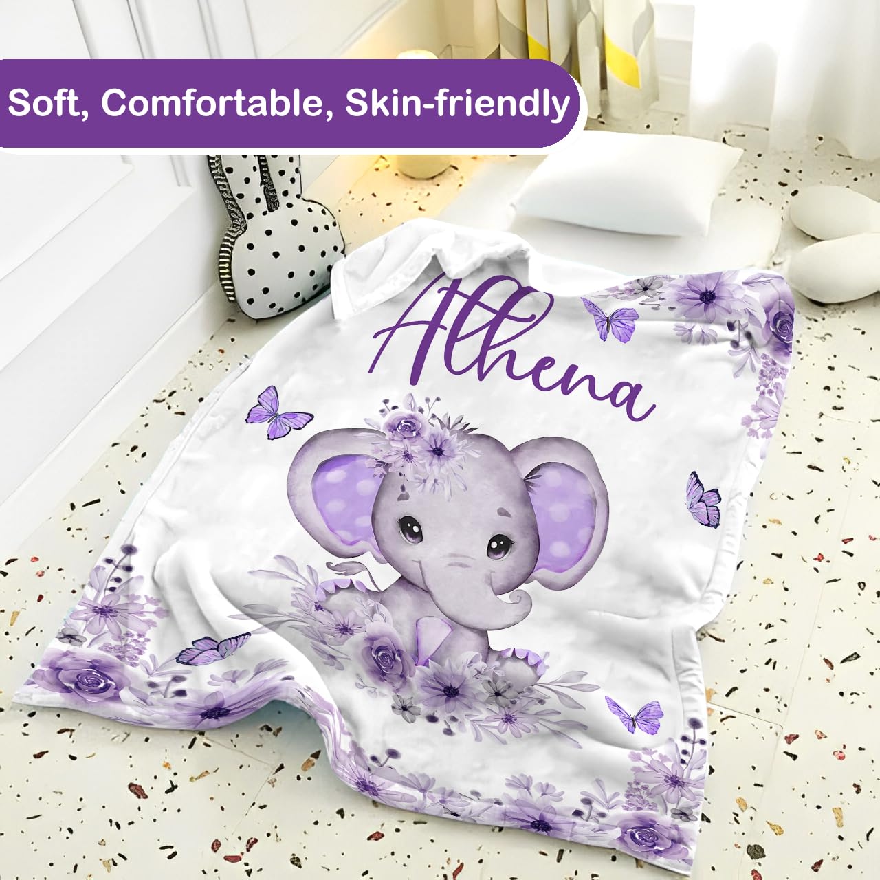 Custom Personalized Baby Blanket for Girls with Name - Soft Cozy Elephant Design Blankets for Toddlers & Infants - Perfect Birthday Gift for Newborns & Baby Showers