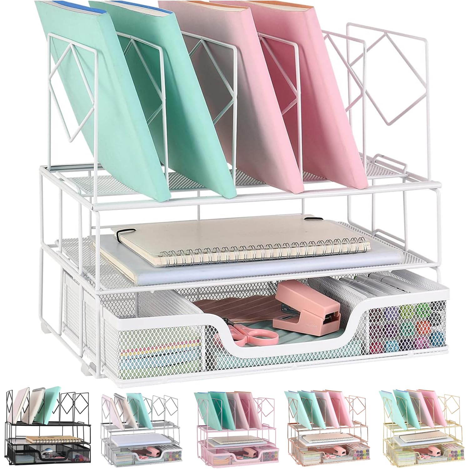 Gianotter White Desk Organizer with Sliding Drawer & Double Tray - 5-Section File Sorter for Office Supplies | Perfect for Home Office, School & Workspace Organization