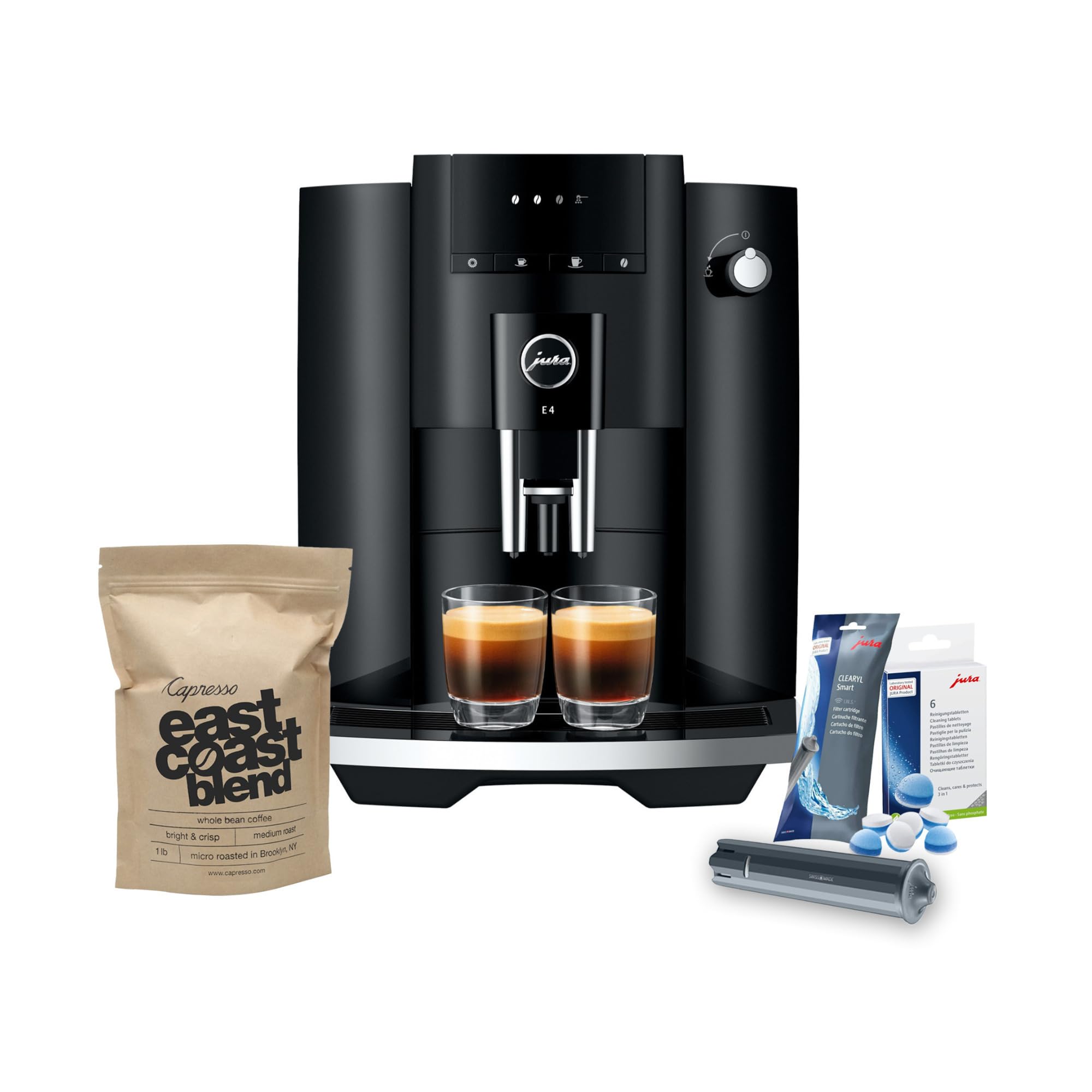 Jura E4 Automatic Coffee Machine (Piano Black) with CLEARYL Smart+ Water Filtration System - Includes 6 Cleaning Tablets & East Coast Blend Whole Bean Coffee - Perfect for Home, Office or Restaurant Use