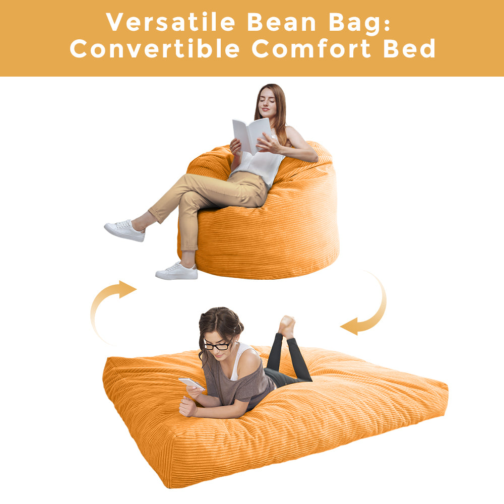 MAXYOYO 4ft Convertible Bean Bag Bed - Corduroy Floor Sleeper Sofa for Adults & Kids | Orange | Perfect for Living Room, Bedroom & Dorm Room