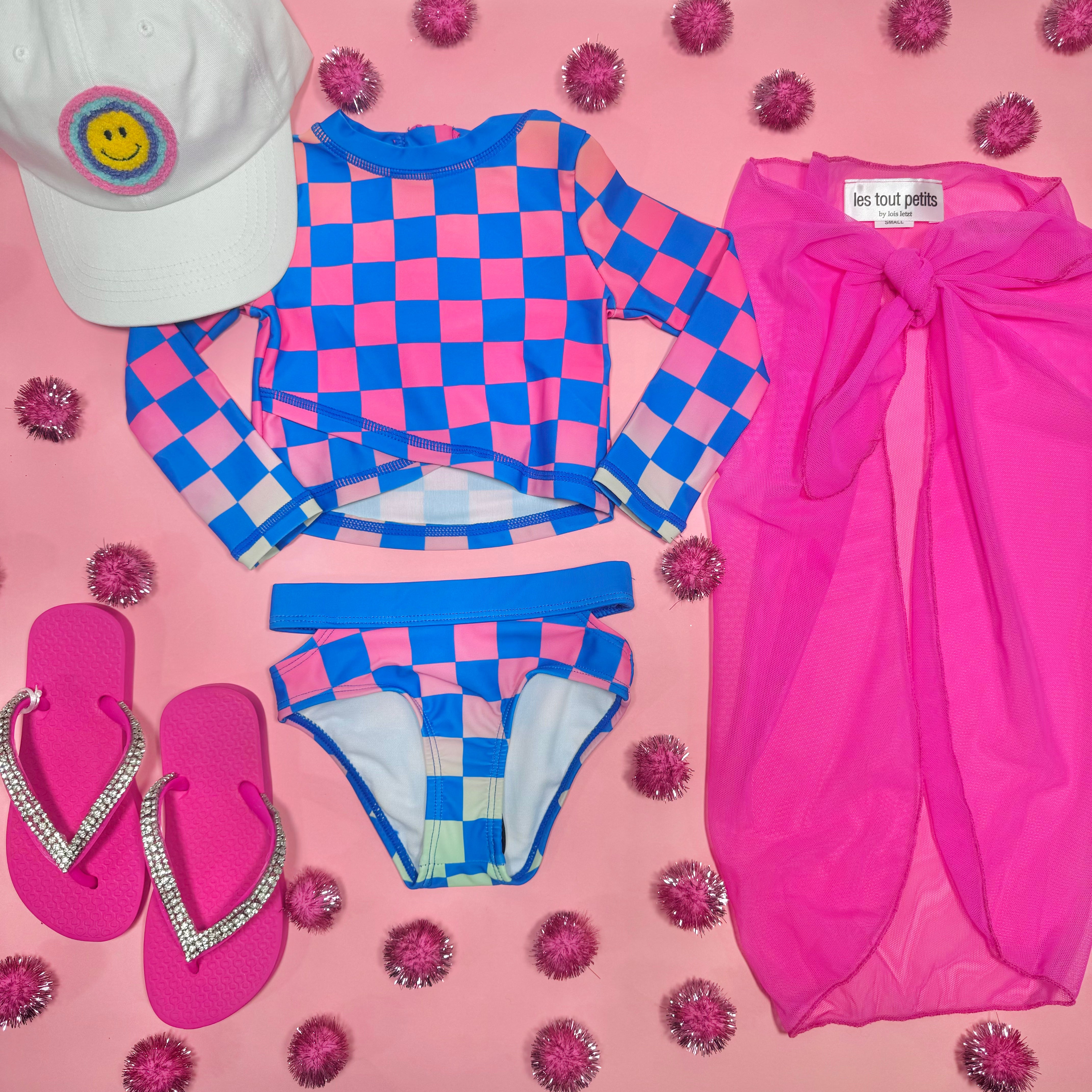 Checkered Long Sleeve Rash Guard Two Piece Swimsuit Set for Women - UPF 50+ Sun Protection, Quick Dry Swimwear for Beach, Pool & Surfing