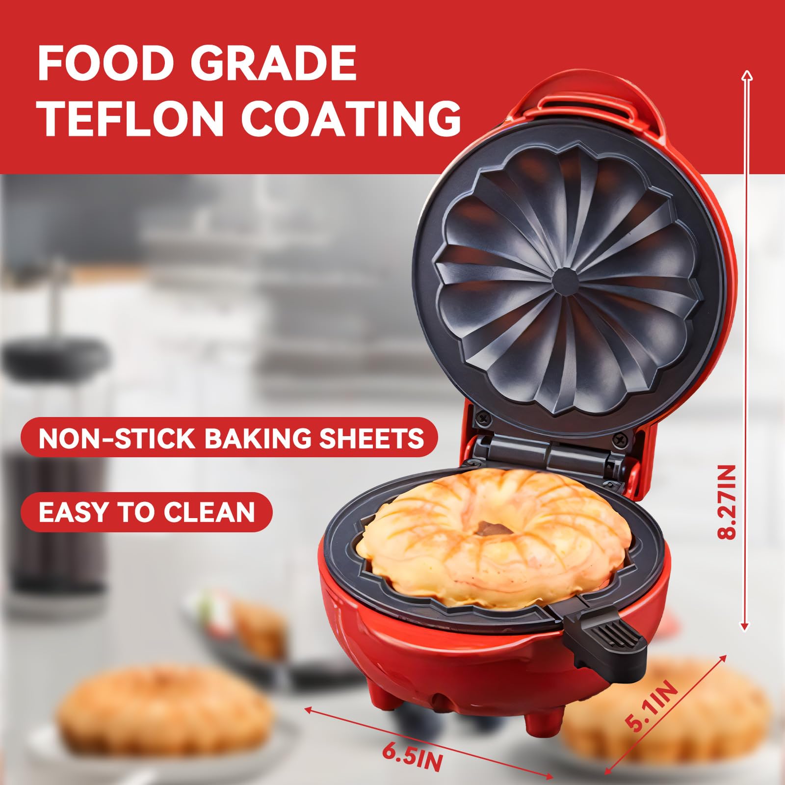 Mini Cake Maker - Portable Electric Bundt Cupcake Maker with Double-Sided Heating for Breakfast, Desserts & Snacks - Perfect for Home, Office & Travel (Red)