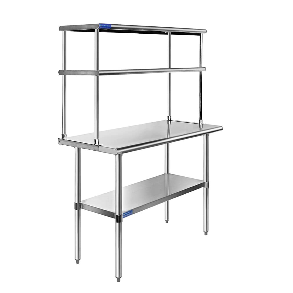 Amgood Stainless Steel Work Table with Double Tier Overshelf - 14