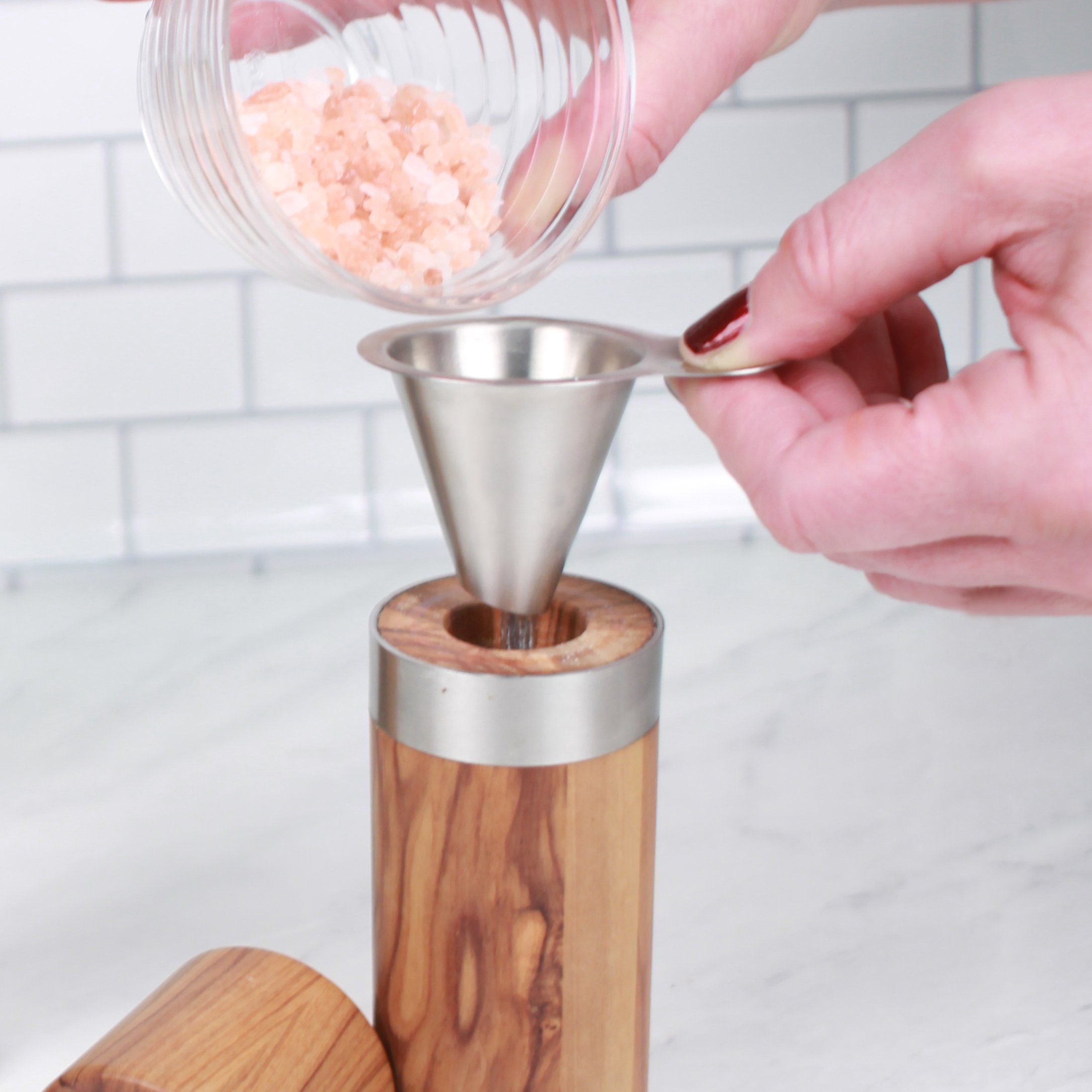 RSVP International Endurance Collection Stainless Steel Kitchen Spice Jar & Oil Bottle Funnel - Dishwasher Safe with Angled Spout for Easy Pouring | Perfect for Cooking, Baking & Meal Prep