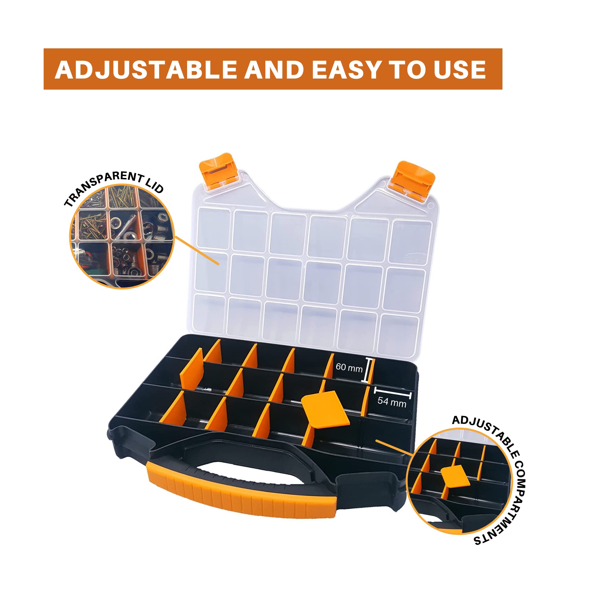 Massca 18-Compartment Hardware Organizer Box with Dividers & Hinged Lid - Durable Plastic Storage for Nuts, Bolts, Screws, Nails & Small Parts - Perfect for Workshop, Garage & DIY Projects