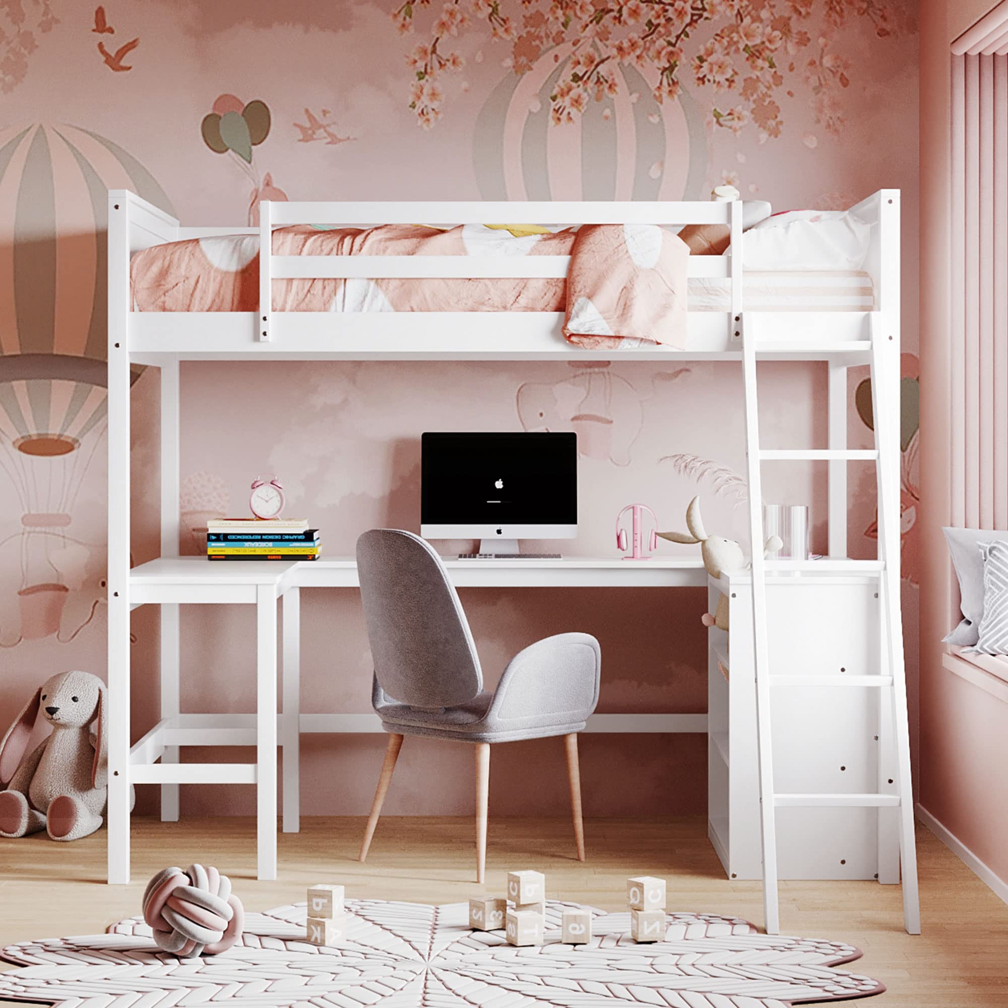 SOFTSEA Twin Loft Bed with Desk & Storage - Sturdy Wooden Bunk Bed Frame with Shelves for Kids, Teens, Boys & Girls - Perfect for Small Rooms, Dorms & Apartments - White Space-Saving Furniture