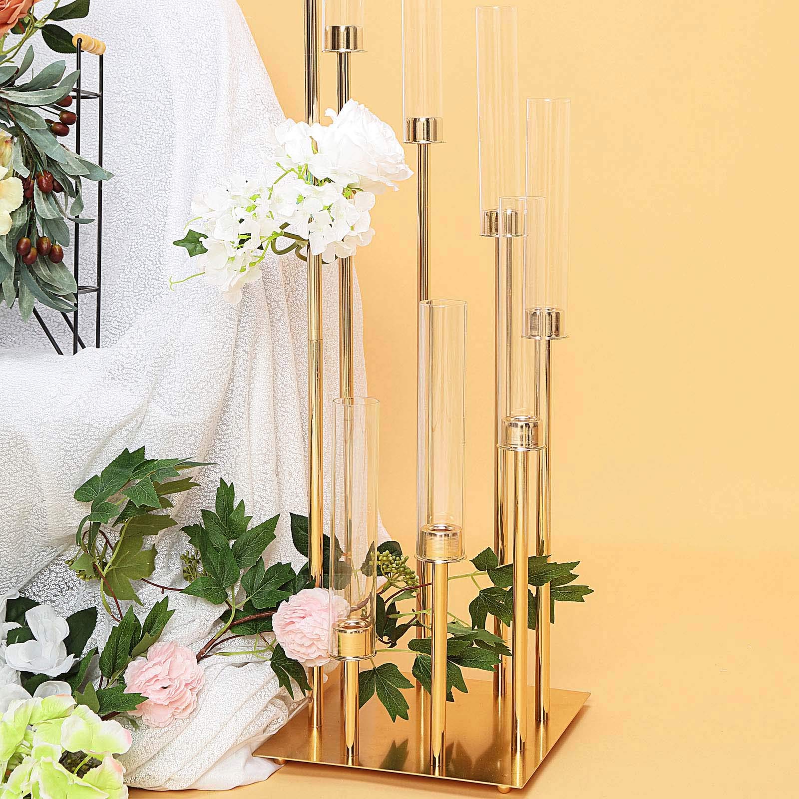 42-Inch Tall Gold Candelabra Candle Holder - Elegant Glass Centerpiece for Wedding Reception, Party, Dining Table & Home Decor - Perfect for Romantic Dinners, Holiday Decorations and Special Events