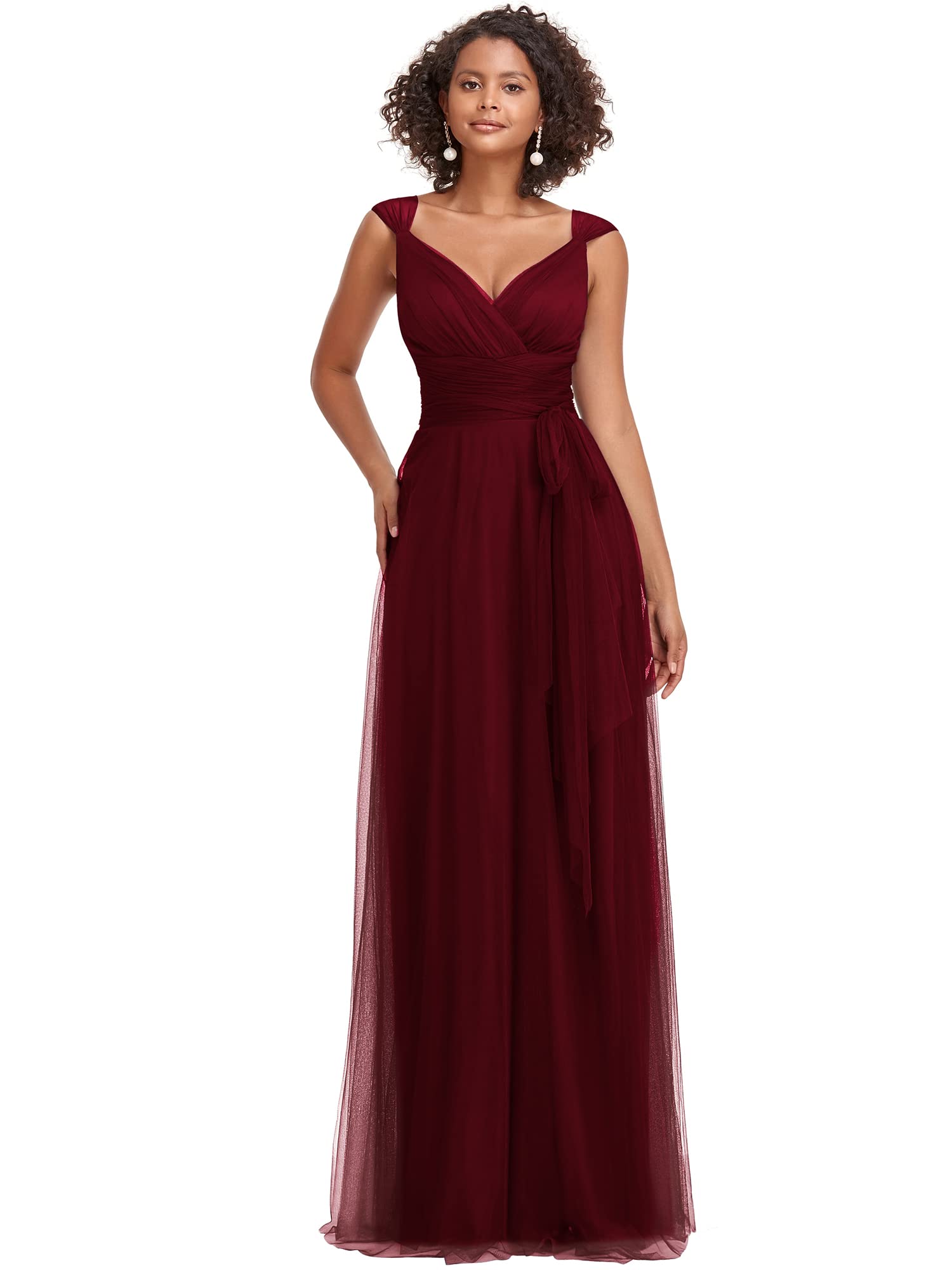 Ever-Pretty Women's Elegant V-Neck Sash Waist A-Line Maxi Tulle Wrap Dress - Formal Bridesmaid Dresses 07303 (USA) | Perfect for Weddings, Proms, and Special Occasions