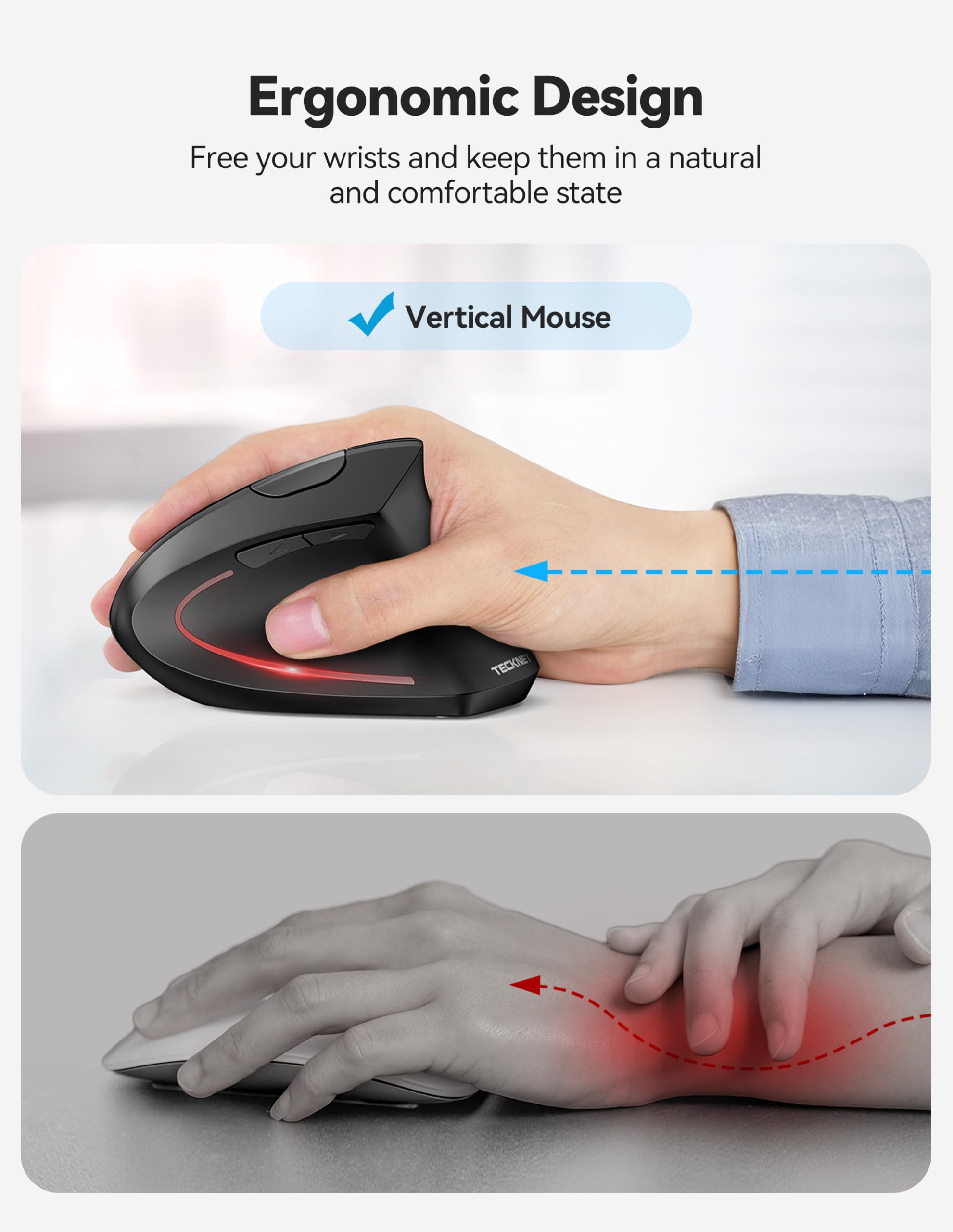 TECKNET Ergonomic Wireless Mouse - Rechargeable Bluetooth Vertical Mouse with 4800 DPI, Silent Click, 3-Device Connectivity for Carpal Tunnel Relief | Perfect for Office, Home & Travel Use with Laptop, PC, MacBook & iPad (Black)