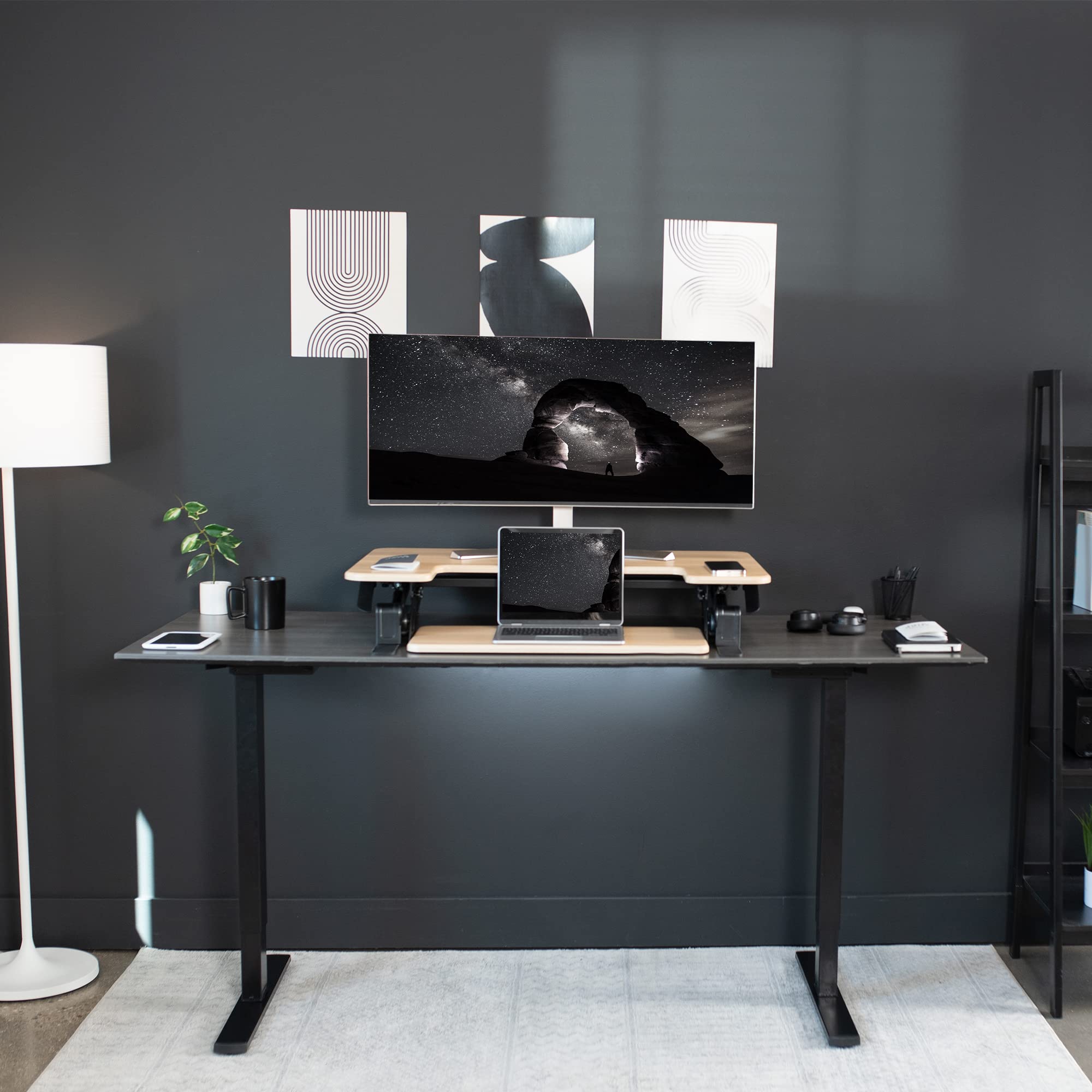 VIVO V Series 36 Inch Height Adjustable Stand Up Desk Converter - Quick Sit to Stand Tabletop Dual Monitor Riser Workstation with Light Wood Top & Black Frame (DESK-V000VO) - Perfect for Home Office, Gaming Setup & Workspace Ergonomics