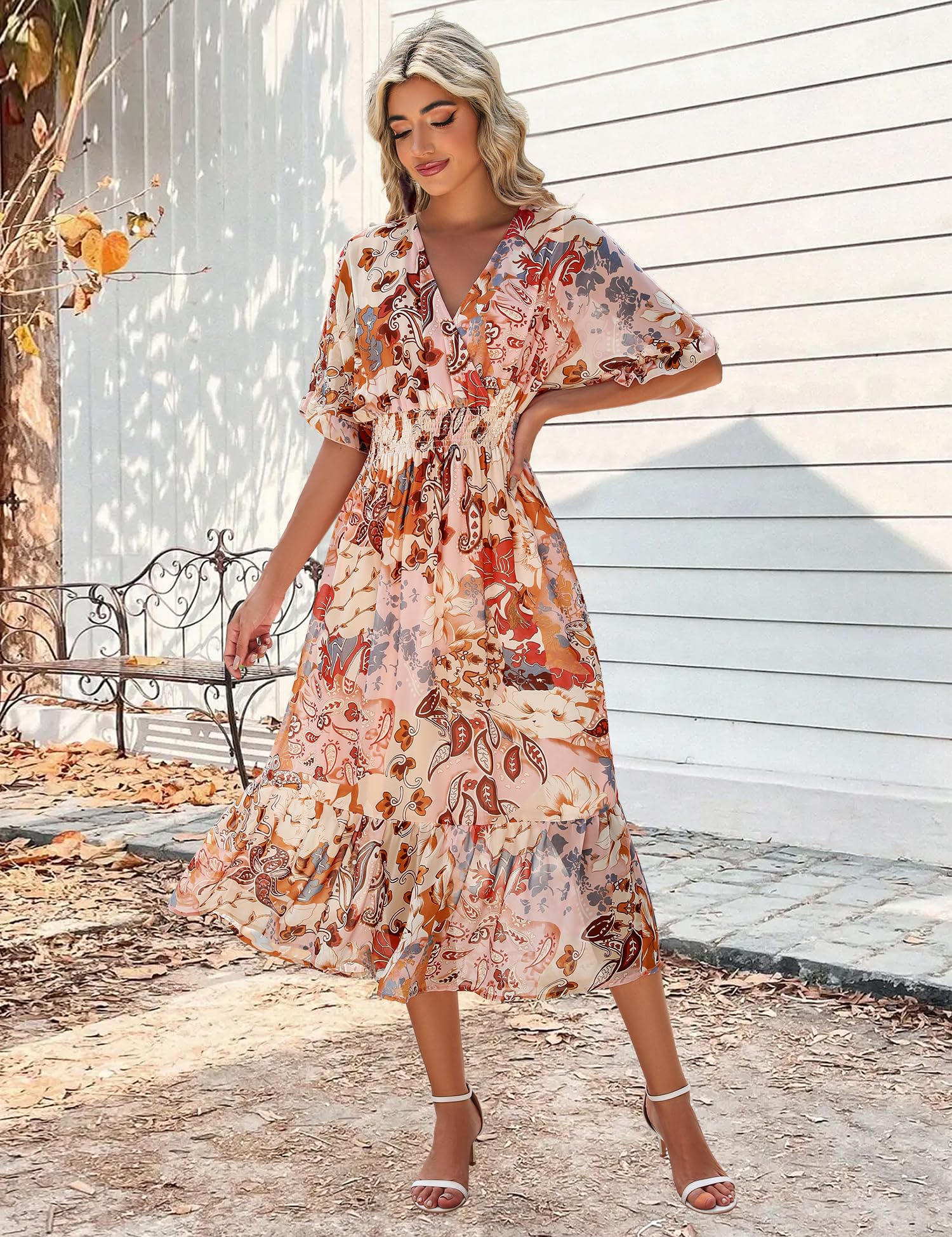 2025 Women's Floral Midi Dress - A-Line Chiffon Boho Casual Short Sleeve Beach Dress for Spring Summer | Perfect for Vacations, Date Nights & Outdoor Parties