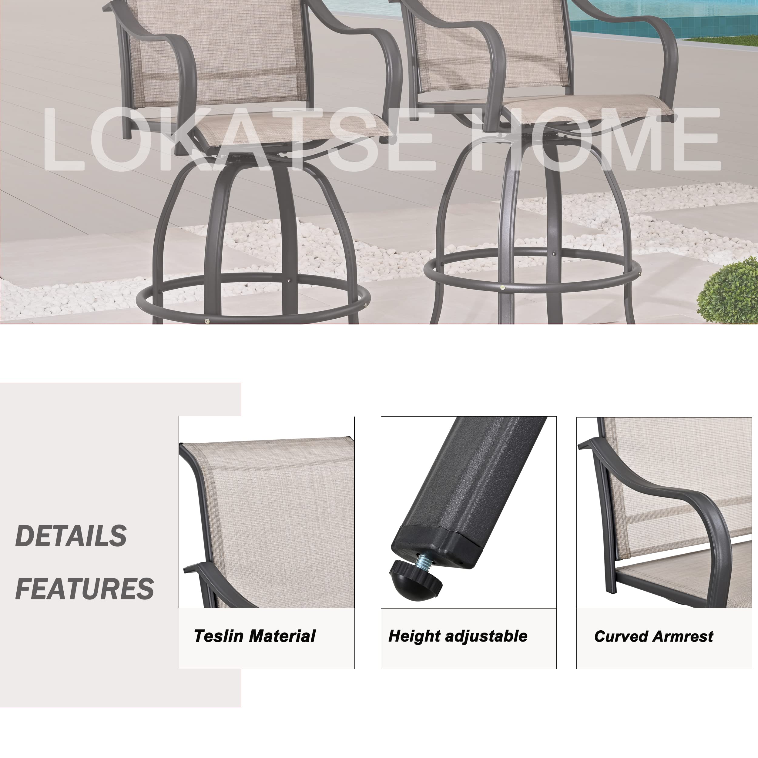 LOKATSE HOME 3-Piece Bar Height Bistro Patio Set with Swivel Chairs - High Top Outdoor Dining Table & Chairs for Backyard, Garden, Balcony - Weather-Resistant Grey Furniture for Entertaining & Relaxation