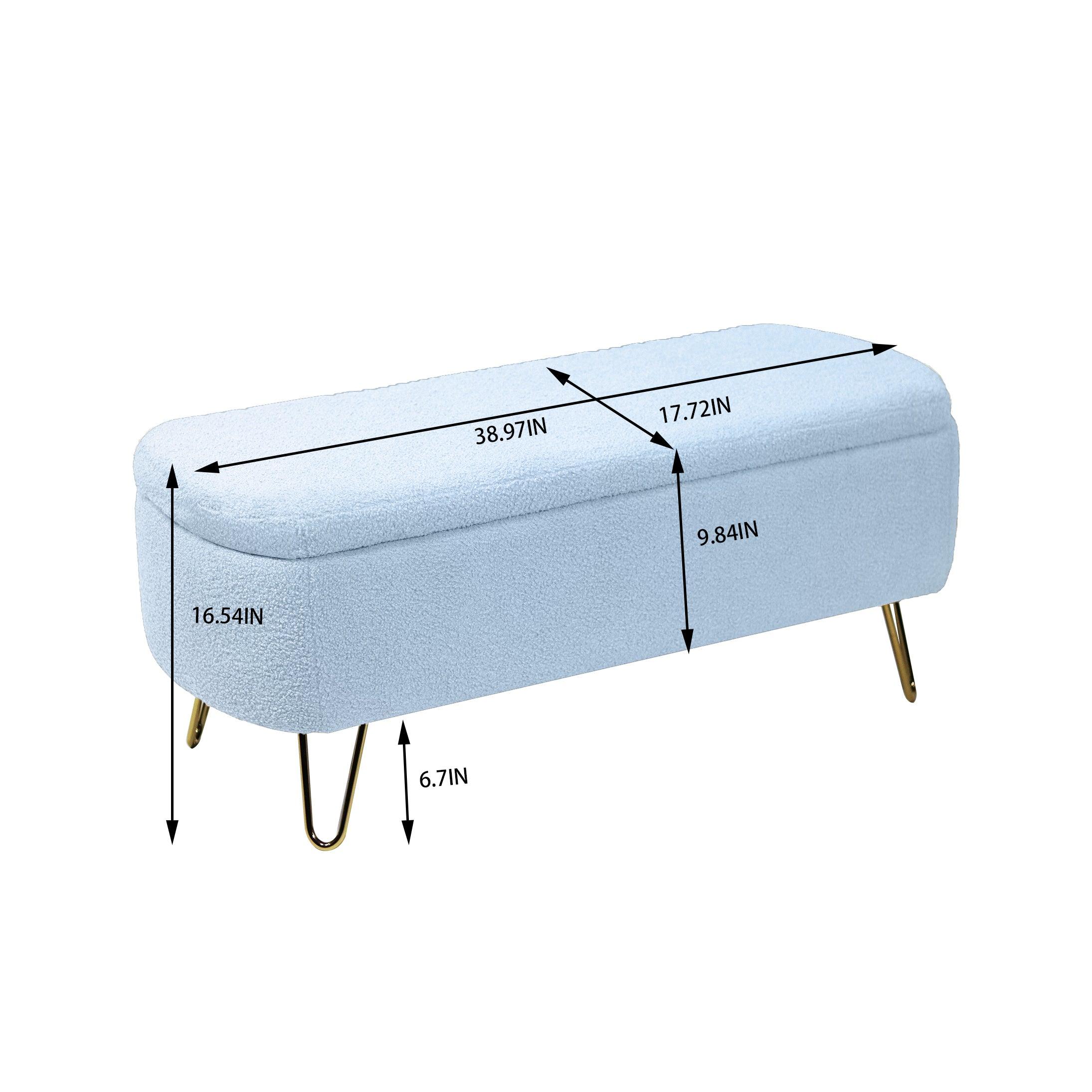 Modern Blue Storage Ottoman Bench with Gold Legs & Grey Faux Fur Upholstery - Padded Seat with Hidden Storage for Bedroom, Living Room & Entryway | Perfect for Extra Seating, Footrest & Home Organization