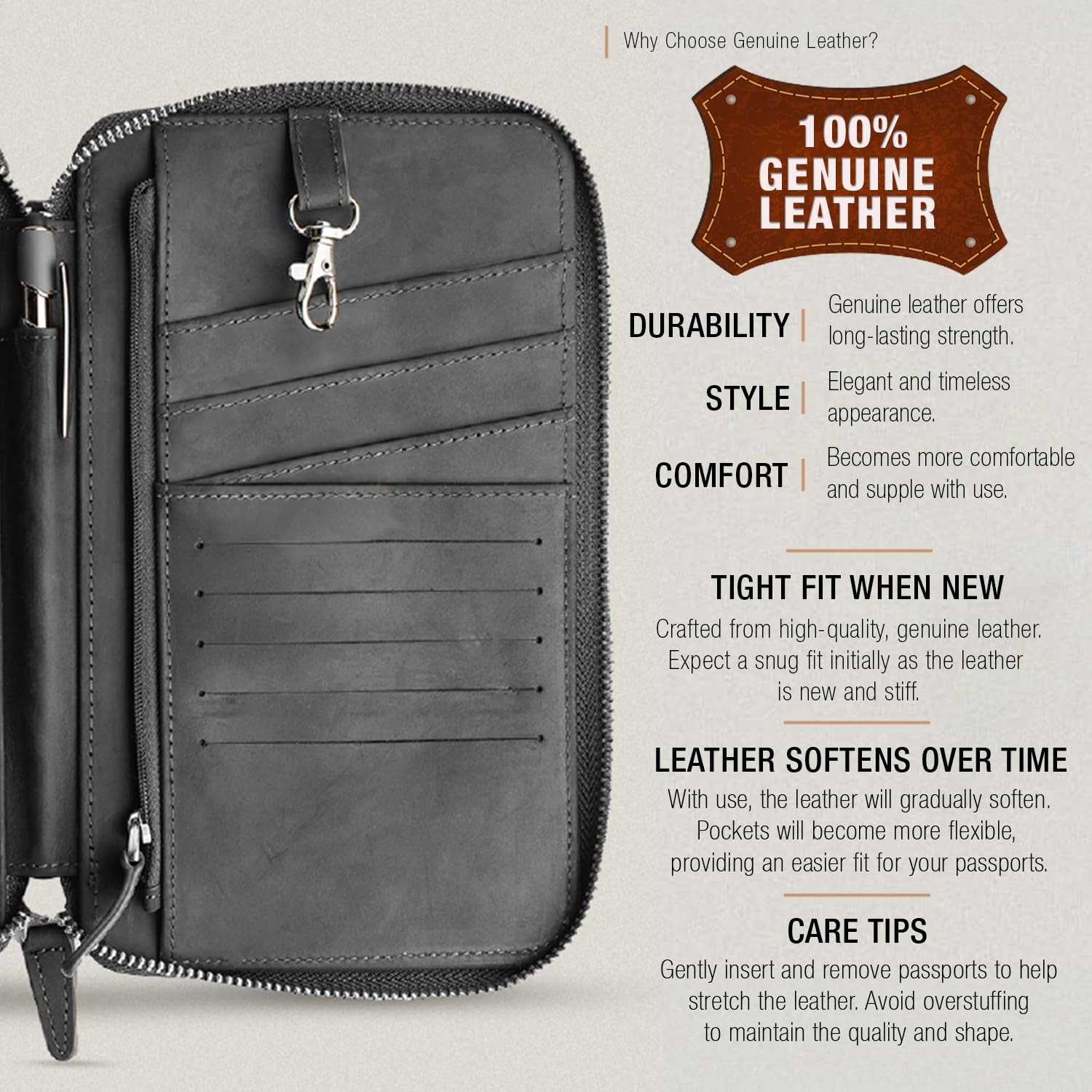 Premium Genuine Top Grain Leather Passport Holder for Family - RFID Blocking Travel Wallet Organizes 6 Passports, Cards, Cash & Documents - with Wrist Strap, Key Ring & YKK Zipper (Midnight Black) - Perfect for International Travel, Family Vacations & Secure Document Storage