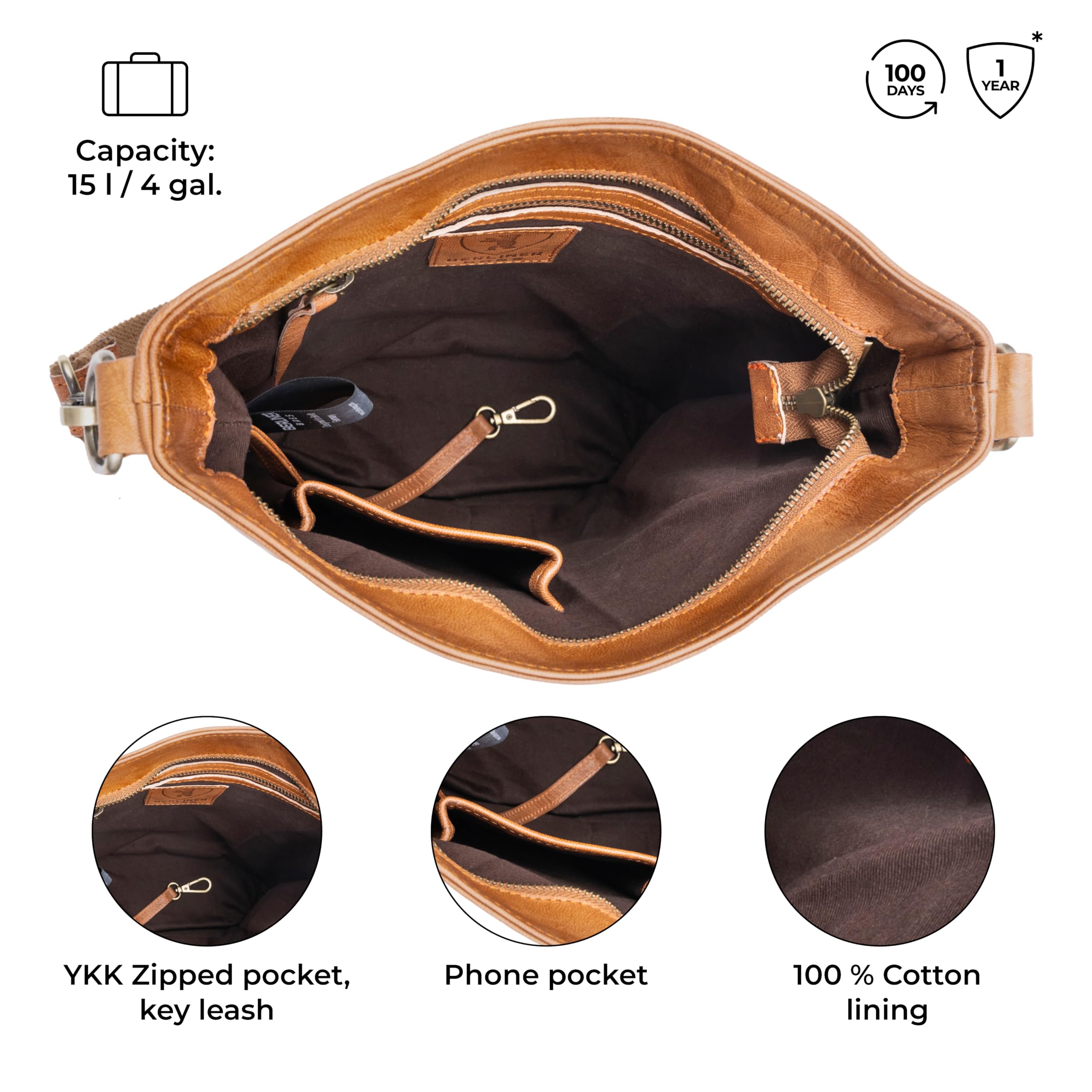 BERLINER BAGS Vintage Genuine Leather Shoulder Bag Sofia - Women's Crossbody Purse & Handbag for Everyday Use, Work, Travel & Date Night