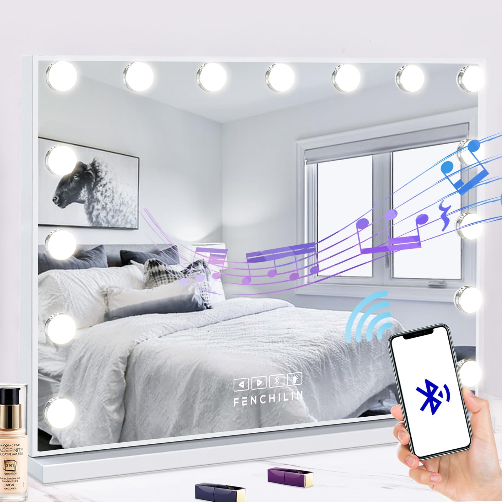 FENCHILIN Hollywood Vanity Mirror with 15 LED Lights, Bluetooth Speaker, USB Charging Port - 3 Color Modes, Dimmable Touch Control, 10x Magnifying - Perfect for Makeup, Grooming & Home Salon Setup
