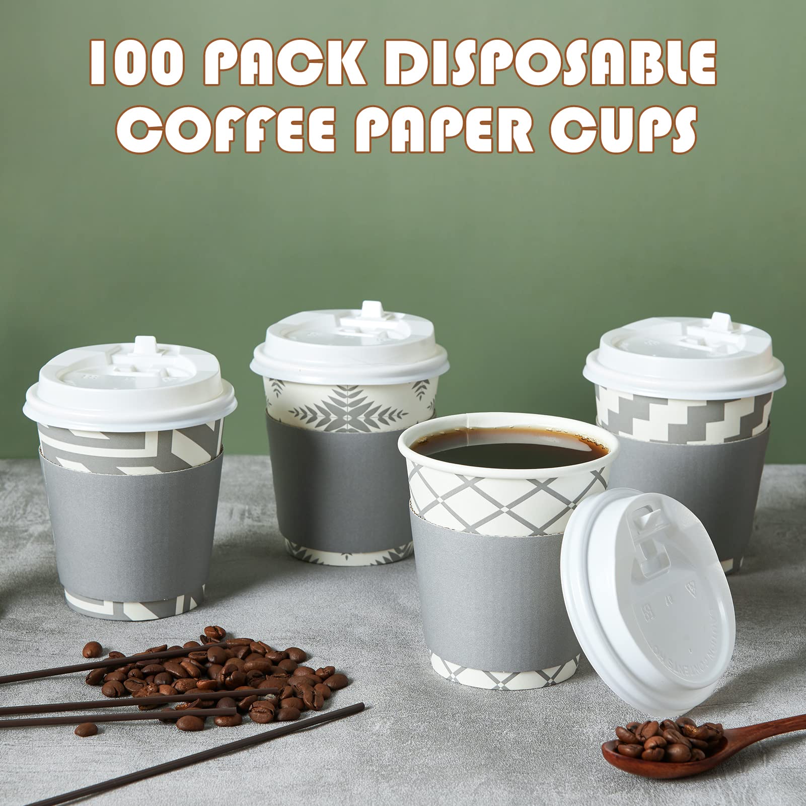 LITOPAK 100 Pack 10 oz Disposable Paper Coffee Cups with Lids, Sleeves & Straws - 4 Stylish Designs for Hot Beverages - Perfect for Home, Office, Coffee Shops, Cafes, and Takeout Services | Ideal for Morning Coffee, Tea Parties, and On-the-Go Drinks