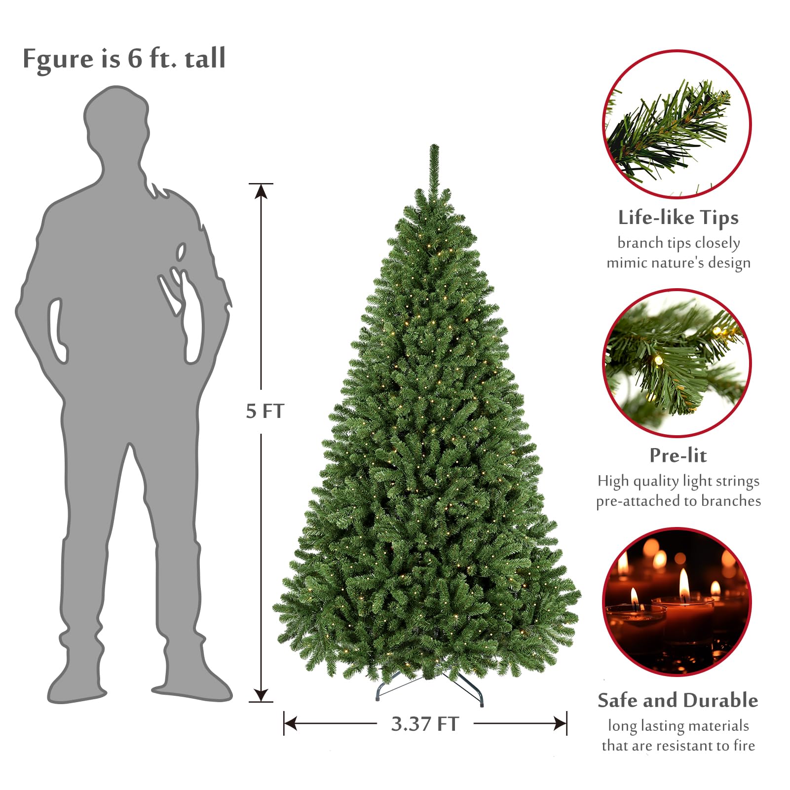 WBHome 5ft Pre-Lit Premium Spruce Artificial Christmas Tree with 200 LED Lights, 539 Branch Tips - Perfect for Living Room, Office & Holiday Decorations