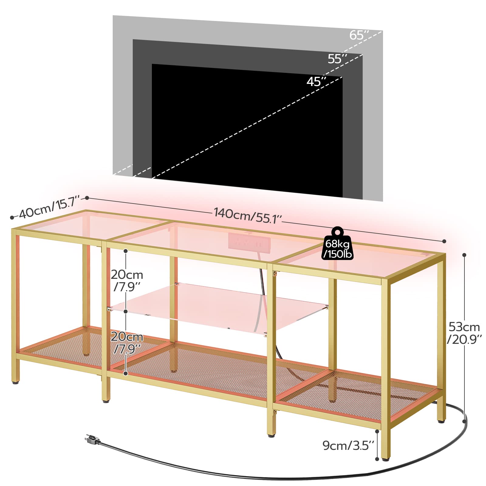 HOOBRO 65 Inch TV Stand with LED Lights & Power Outlets, Modern Tempered Glass TV Console Table with Open Shelves, Media Entertainment Center for Living Room - Gold (GD145UDS01) | Perfect for Home Theater Setup & Living Room Decor