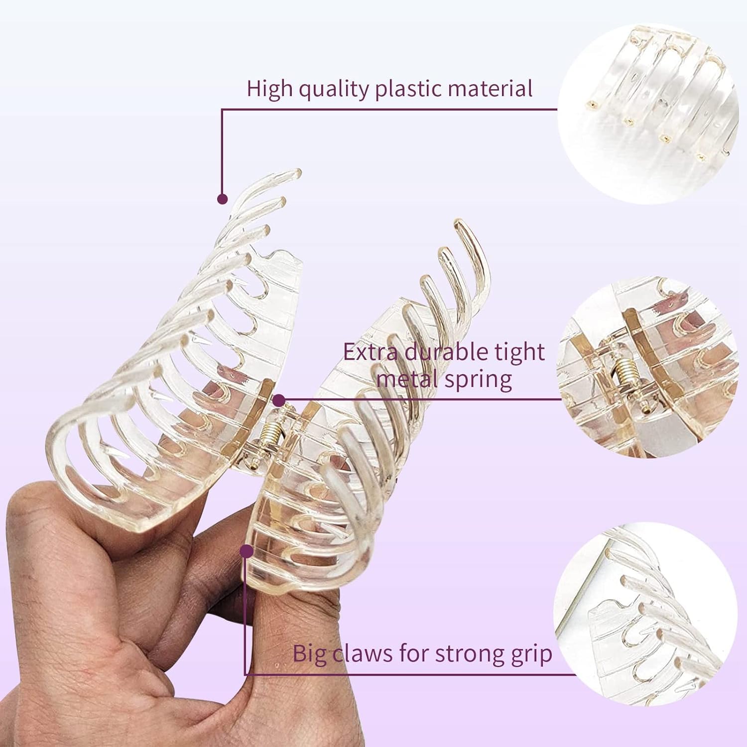 3 PCS Large Non-Slip Clear Hair Claw Clips for Women - Jumbo Strong Hold Banana Clips for Thick Hair | Perfect for Ponytails, Buns and Everyday Hairstyles
