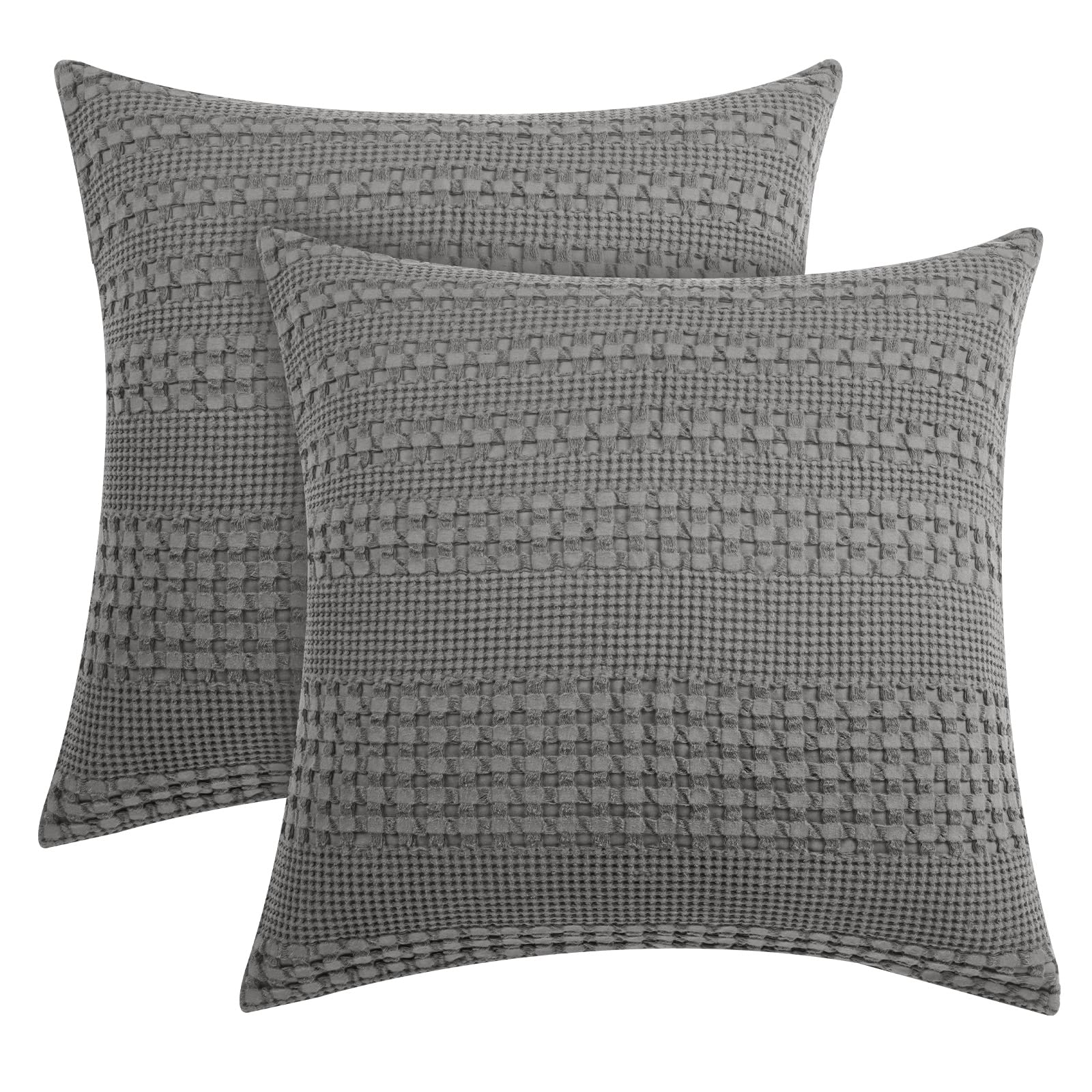 PHF 100% Cotton Waffle Weave Euro Sham Covers, 2 Pack 26x26 Inch Pillow Cases - Breathable Decorative Throw Pillow Covers for Bed, Sofa & Couch - Dark Grey/Charcoal Gray - Perfect for Cozy Home Decor & Guest Room Styling