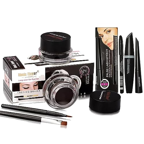 LANELLIE 2-in-1 Music Flower Gel Eyeliner & 3-in-1 False Lash Mascara with Eyebrow Pencil - Waterproof, Long Lasting Makeup Kit for Party, Wedding & Night Out Looks