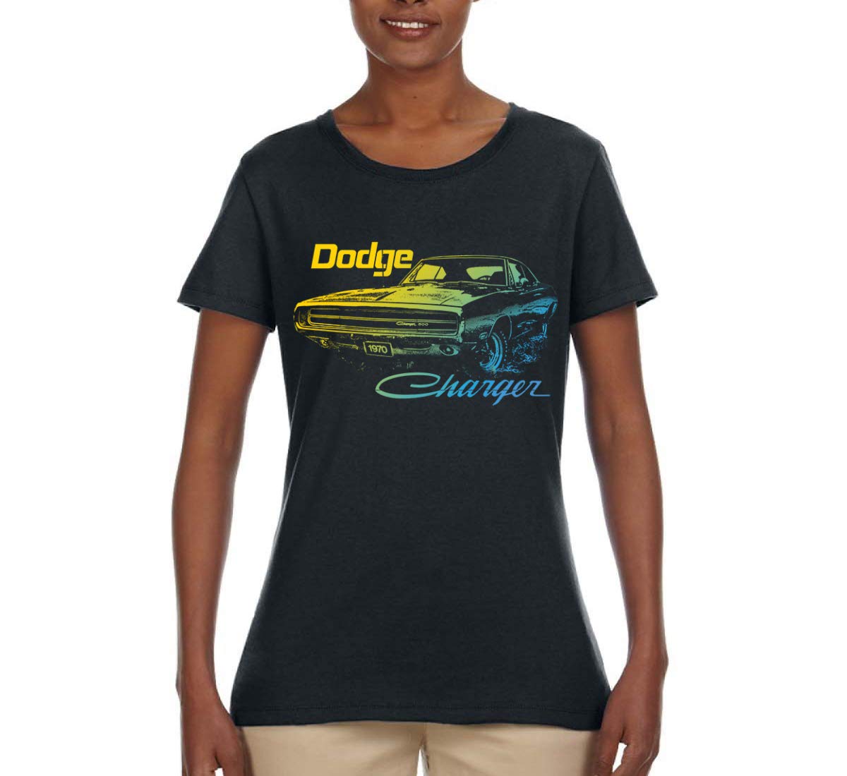 Vintage 1970 Dodge Charger Classic Neon Retro Silhouette Graphic T-Shirt for Women | Retro Car Lover Tee | Casual Wear, Car Shows & Vintage Enthusiast Outfits