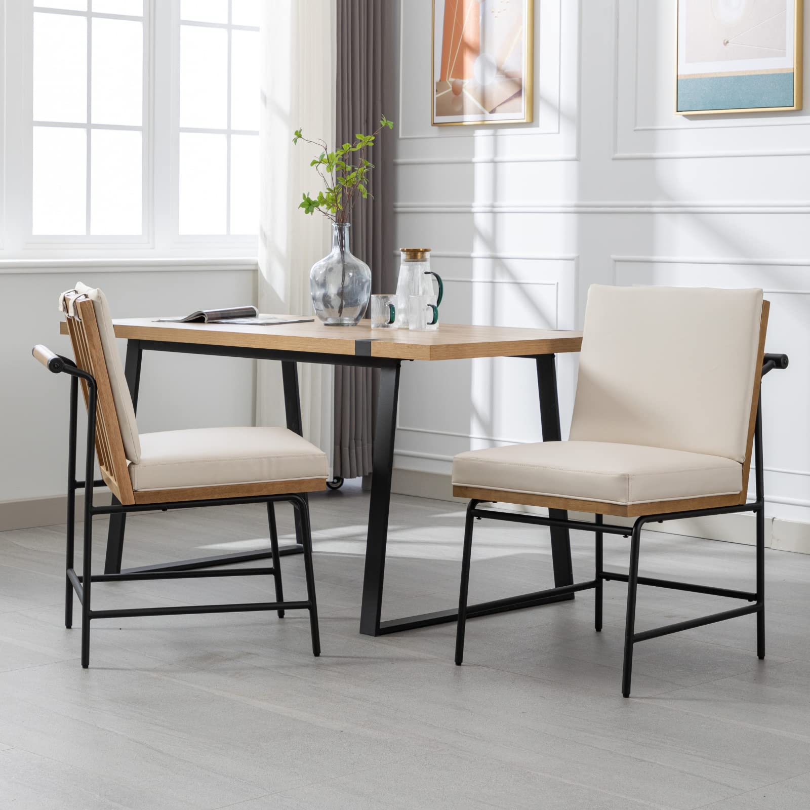 Mid Century Modern PU Leather Dining Chairs Set of 2 - Upholstered Square Back Kitchen Chairs with Sturdy Metal Legs & Wood Frame - Armless Parsons Chairs for Dining Room, Kitchen, Restaurant or Office Reception - Beige Home Decor