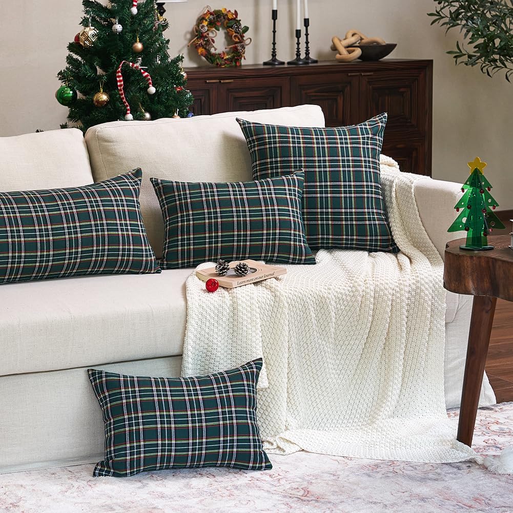 CARRIE HOME Christmas Green Tartan Plaid Pillow Covers 16x16 Set of 2 - Farmhouse Holiday Decor for Sofa, Couch & Bedroom - Cozy Winter Home Accent (No Inserts) | Perfect for Christmas Decorations, Living Room Styling & Seasonal Home Makeover