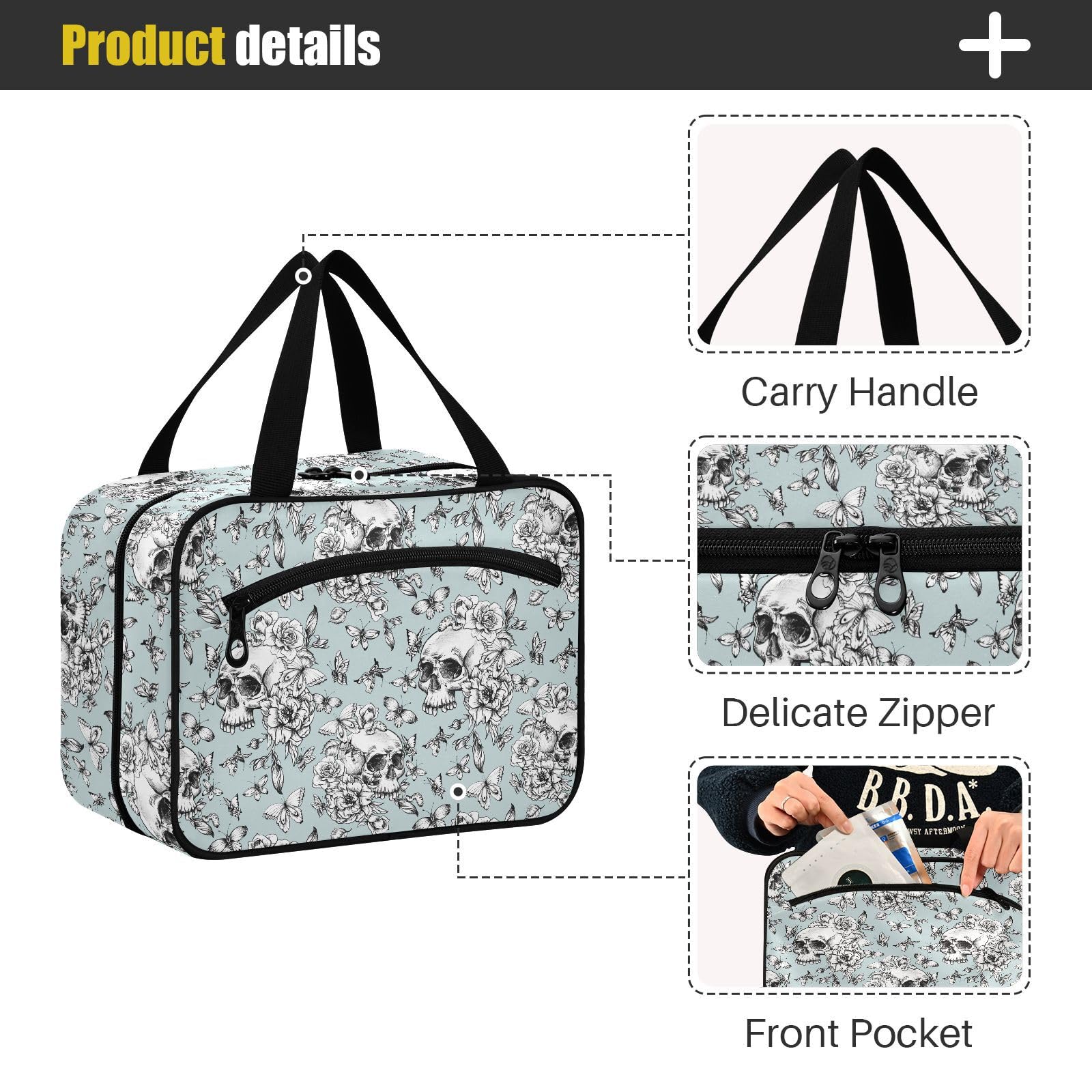 Gothic Vintage Skull Toiletry Bag for Women - Waterproof Hanging Travel Cosmetic Organizer with Clear Pockets - Perfect for Makeup, Bathroom Essentials & Camping Trips