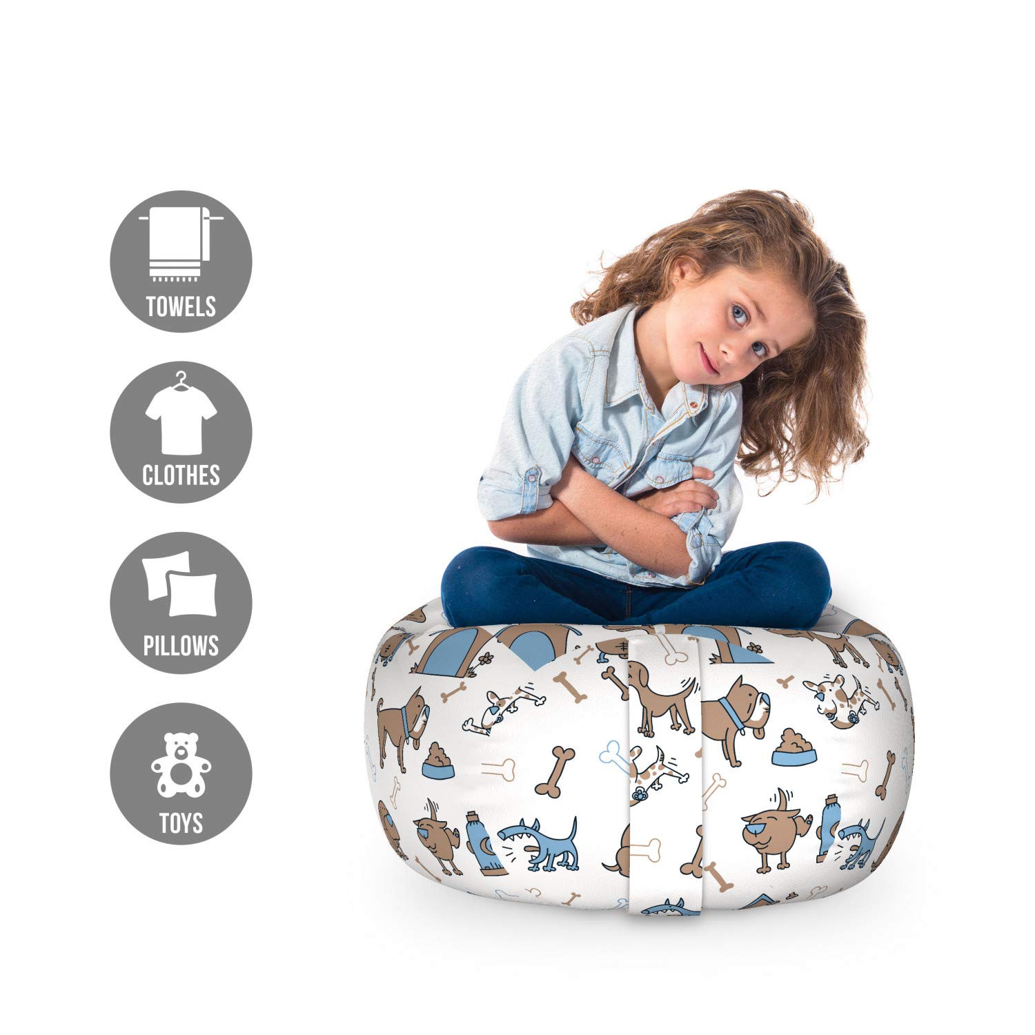 Ambesonne Dog Bones Storage Toy Bag Chair - Cartoon Style Pet Organizer with Friendly Animal Design, Washable Small Size in Cocoa Sky Blue - Perfect for Kids' Room, Playroom & Pet Toy Storage
