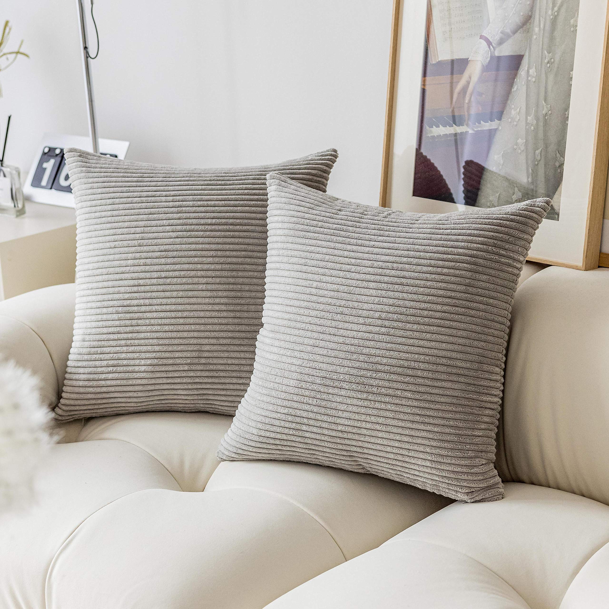 Premium Soft Corduroy Euro Sham Pillow Covers 26x26 Inch - Plush Striped Decorative Throw Pillowcases for Couch, Sofa & Bedroom - Set of 2 in Light Grey - Cozy Home Decor & Living Room Accent