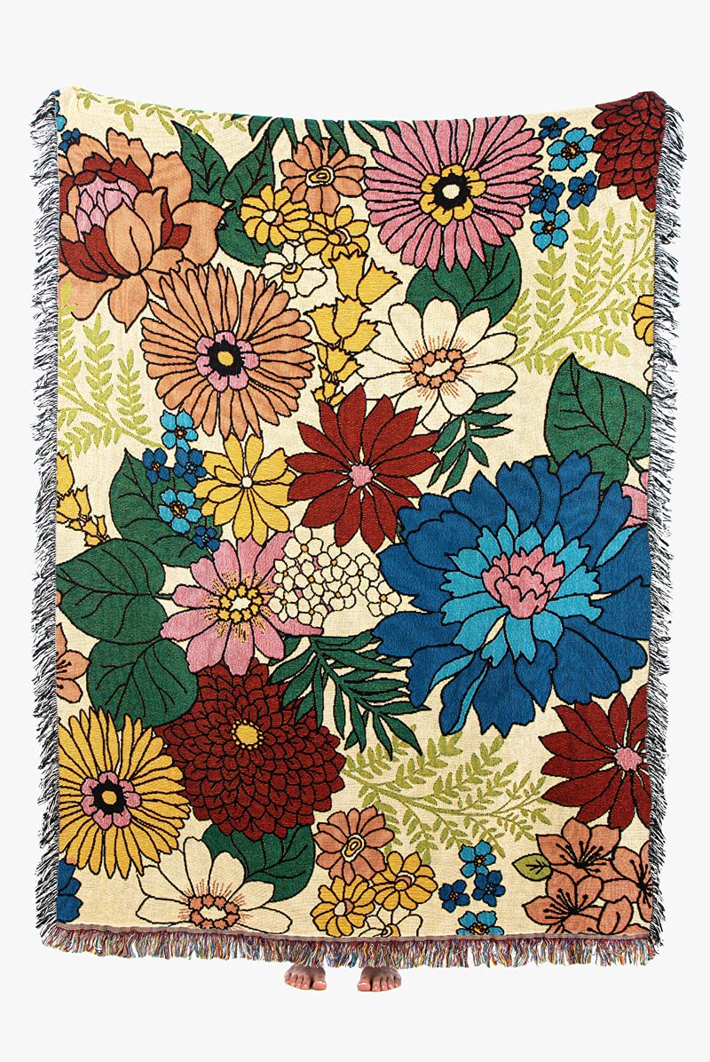 Valley Cruise Press Flower Power Artist Designed 100% Cotton Reversible Throw Blanket - Ultra Soft & Comfortable Blanket for Couch, Sofa, Bed, Living Room & Outdoor Use - Made in USA, 50x68 Inches - Perfect for Cozy Nights, Picnics & Home Decor