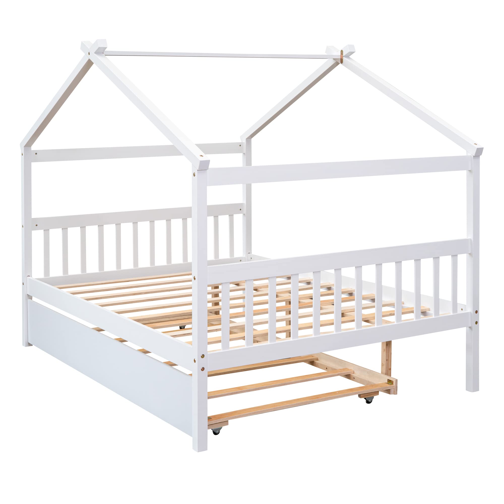 Bellemave Full Size House Bed with Twin Trundle - White Wooden Playhouse Bed with Roof for Kids' Bedroom, Nursery, or Playroom - Fun and Functional Children's Furniture